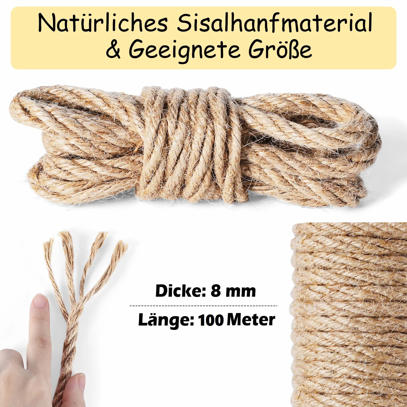 Lina sizalowa 100 m do drapaka, 8 mm, naturalna linka sizalowa dla kotów, do domu, ogrodu, DIY, dekoracja, sznurek do wymiany
