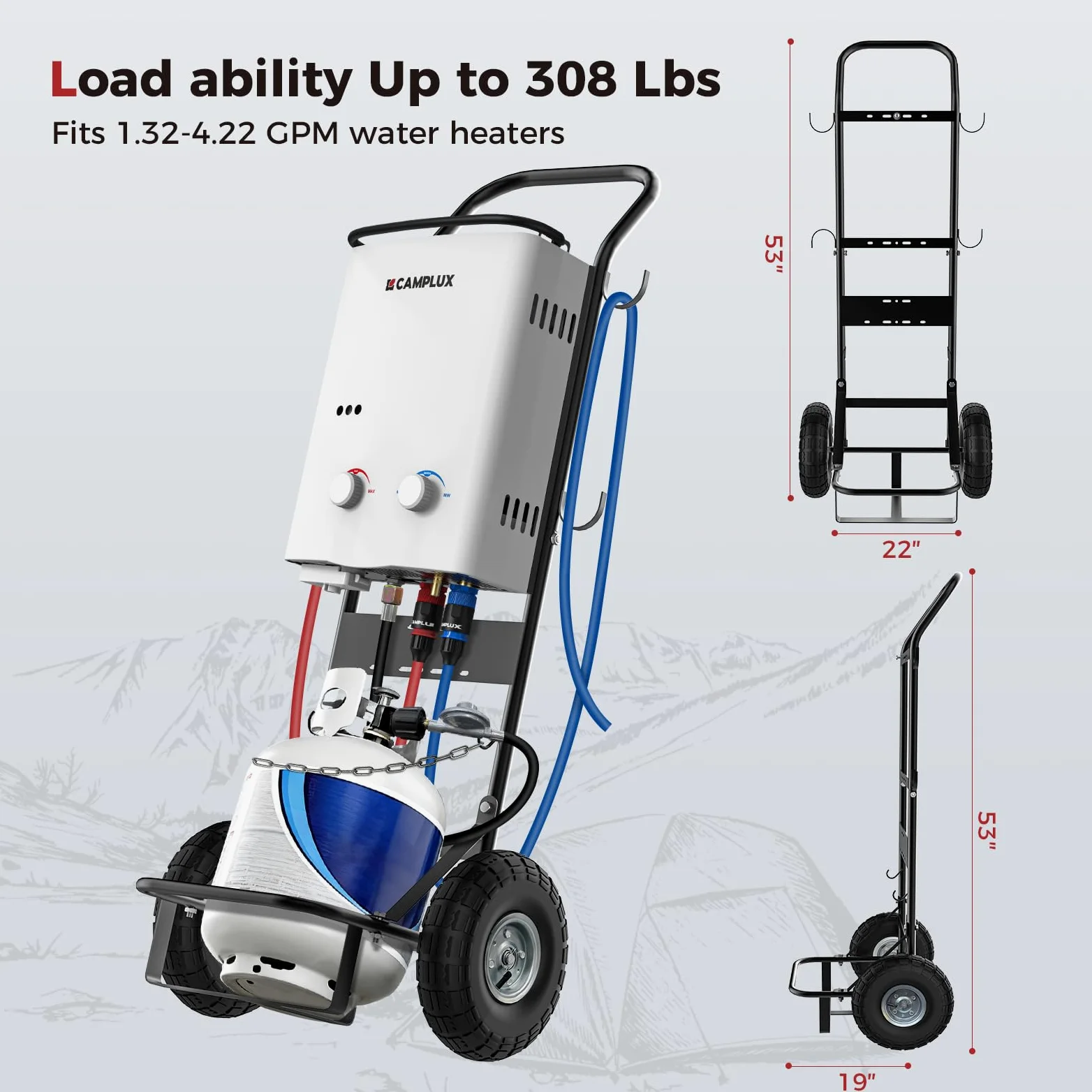 CAMPLUX Mobilny Wózek na Butle Gazowe i Podgrzewacz Wody, Stalowy Wózek Ręczny z Kołami Pneumatycznymi 26 cm (10”), Idealny do Kempingu i Mycia Zwierząt, D52