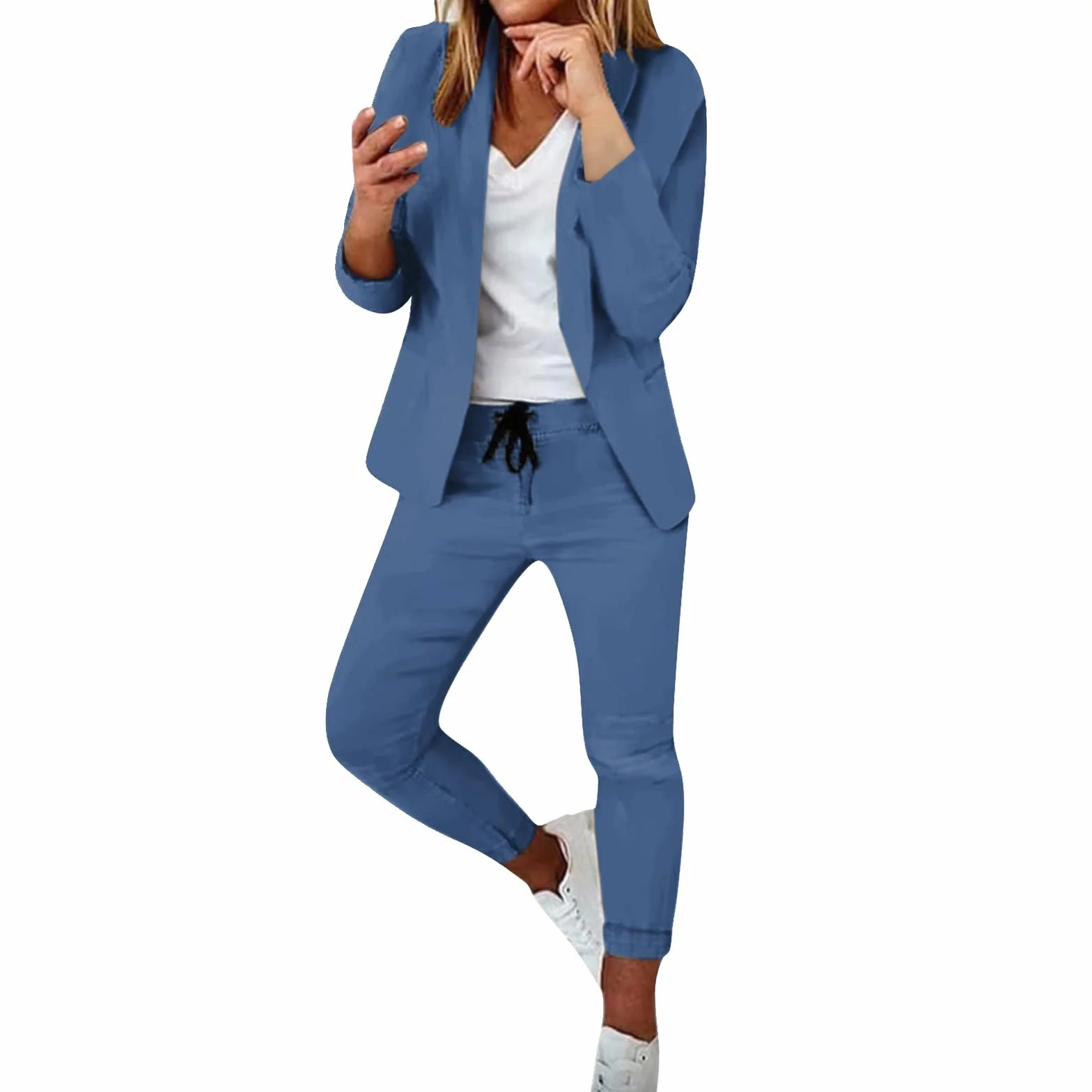 Damski Garnitur 2024 - Moda Biznesowa, Zestaw Kurtka z Długim Rękawem i Spodnie Slim Fit, Dwie Klapy, Niebieski