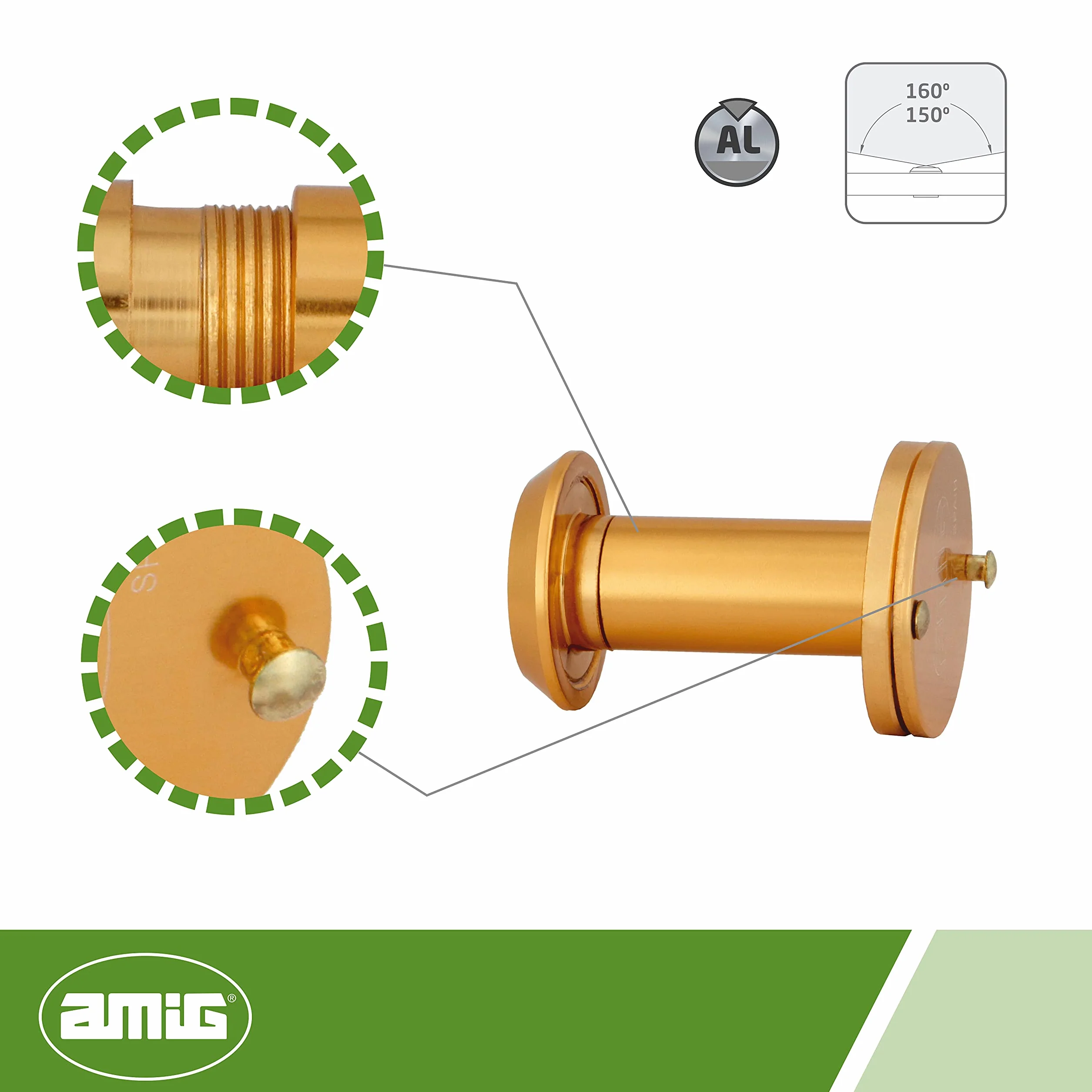 Amig - Lusterko do drzwi - Super kątowe soczewki - Łatwa instalacja - Grubość drzwi: 35-60 mm - Średnica: 14 mm - Wykończenie: złoto