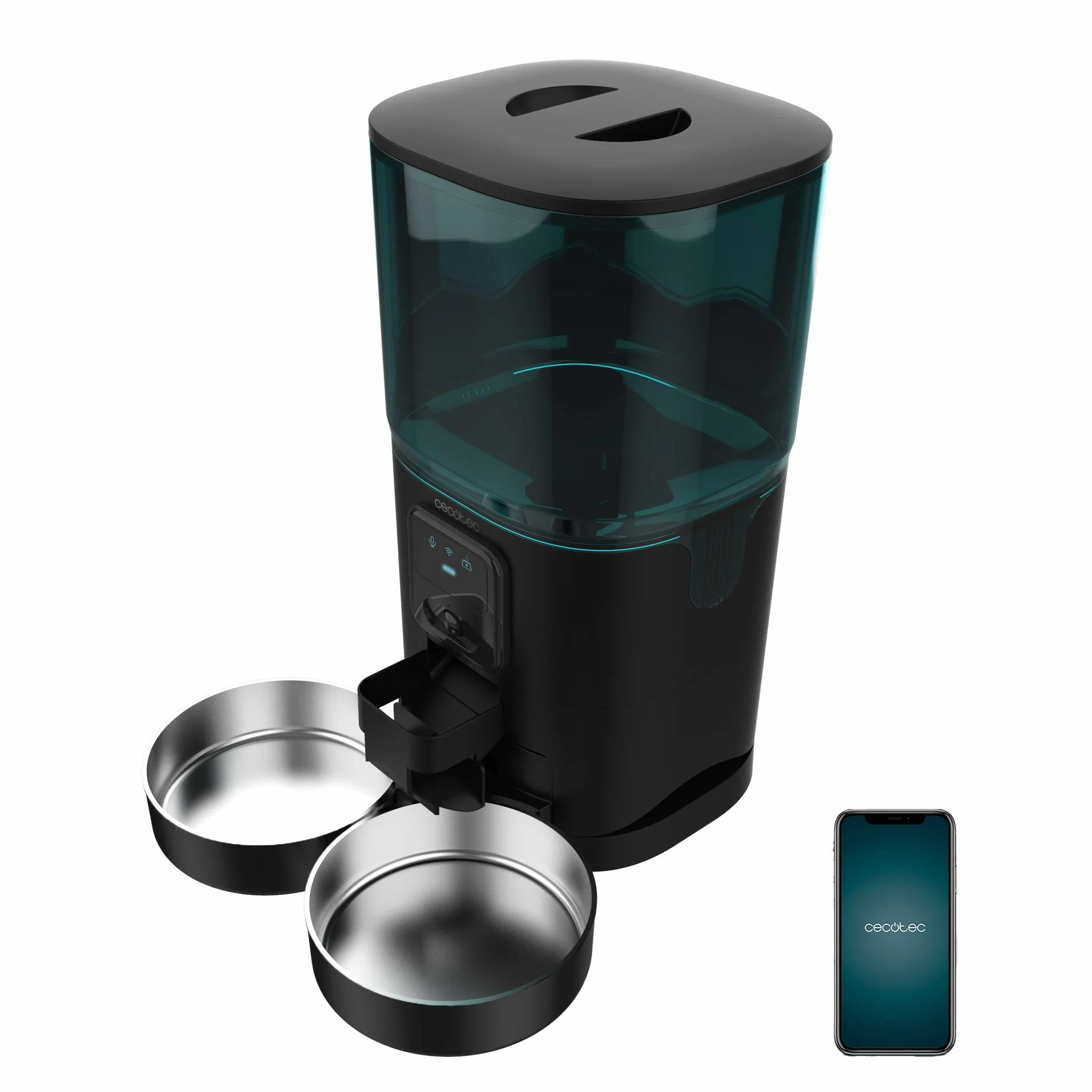 Cecotec Automatyczny dozownik karmy dla zwierząt ze sterowaniem WiFi, kamerą i rejestratorem głosu Pumba 8600 Double Meal Vision. 7L, programowalny, kontrola porcji, podwójna miska ze stali