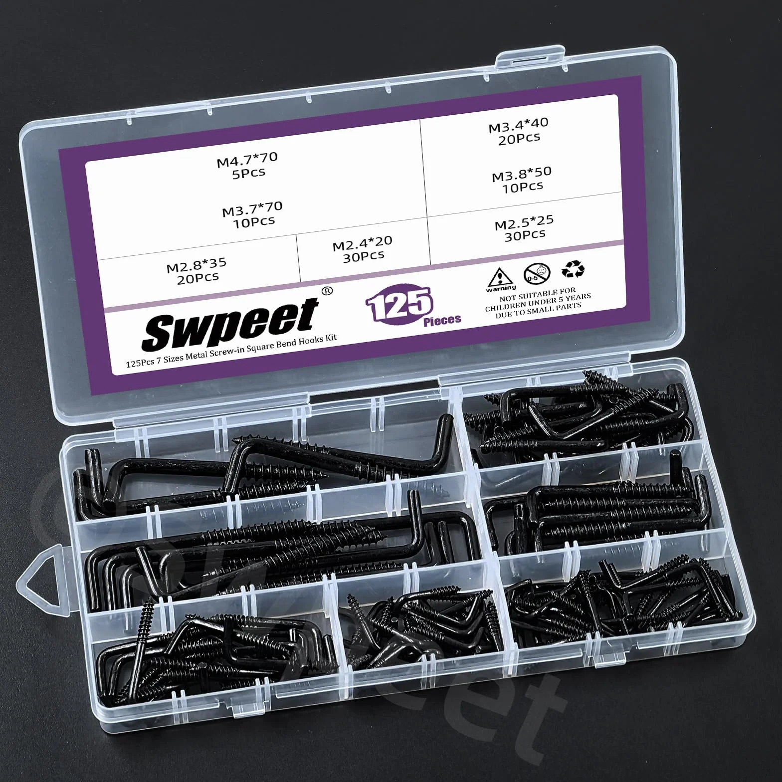 Swpeet 125 szt. 7 rozmiarów czarny metalowy wkręcany kwadratowy zestaw haków zginanych, kwadratowe haczyki zginane w kształcie litery L, śruby samogwintujące, haczyki typu L, ramka na zdjęcia, hak