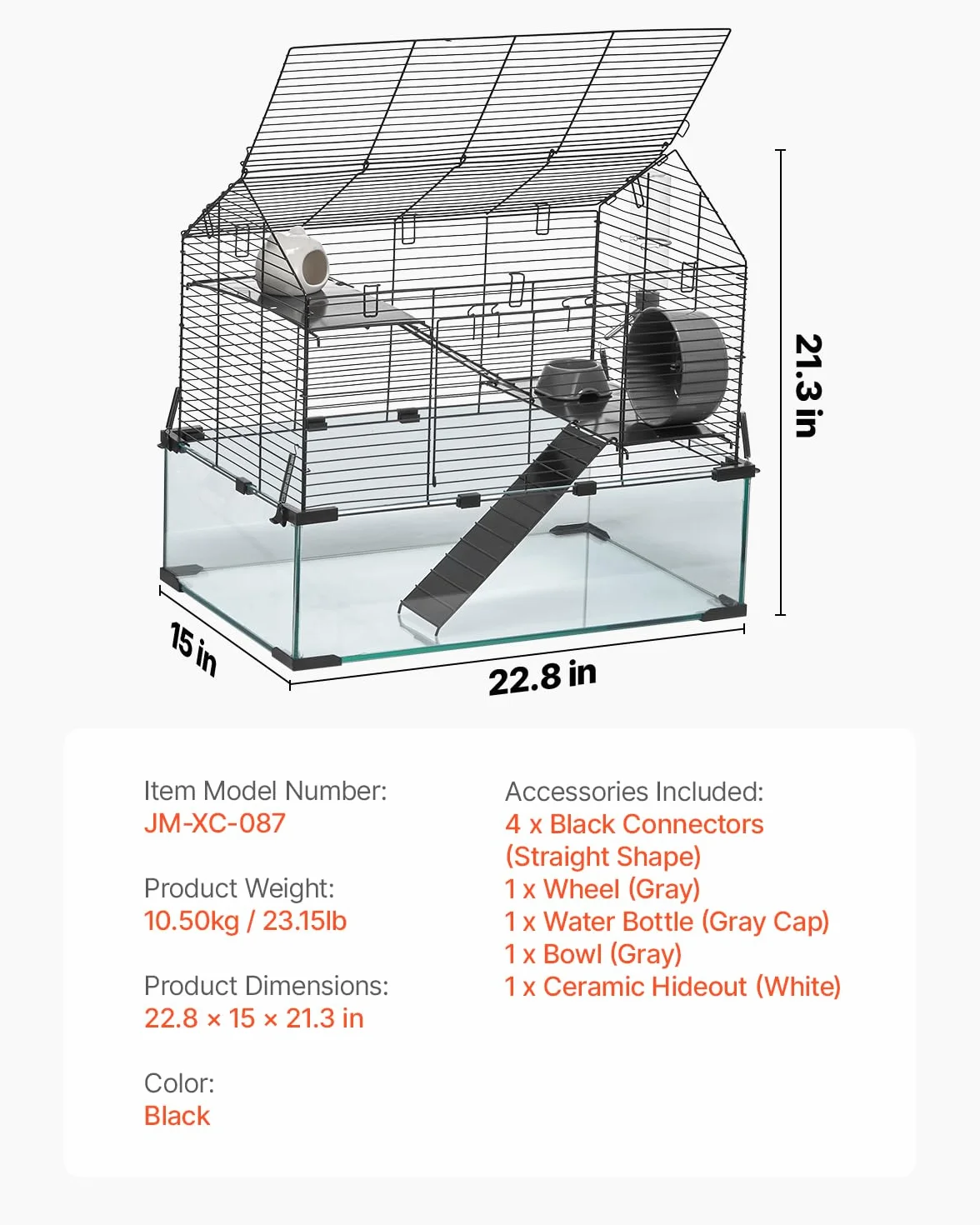 VEVOR Klatka dla chomika, przejrzyste siedlisko chomika do oglądania 360°, klatka dla małych zwierząt, 58 x 38 x 54 cm, wentylowana klatka dla zwierząt domowych z butelką na wodę, przenośny domek dla