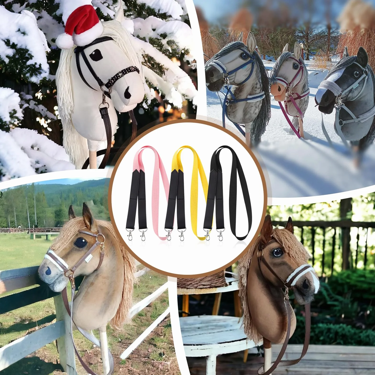 BINYI Hobby Horse uzda dla koni, akcesoria, trense, koń, dzianina, 3 pary cugli, kucyk, zestaw 120 cm, uzda do konia kijowego, drewnianego, z karabińczykiem (3 kolory)