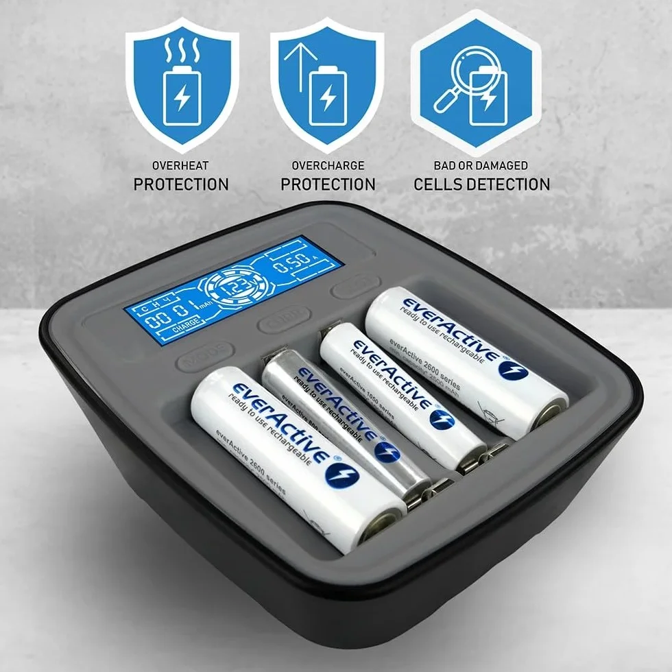 Inteligentna ładowarka do akumulatorów AAA/AA Ni-MH/Ni-Cd, LCD, USB-C, 4 sloty, tryby ładowania/rozładowania/testowania