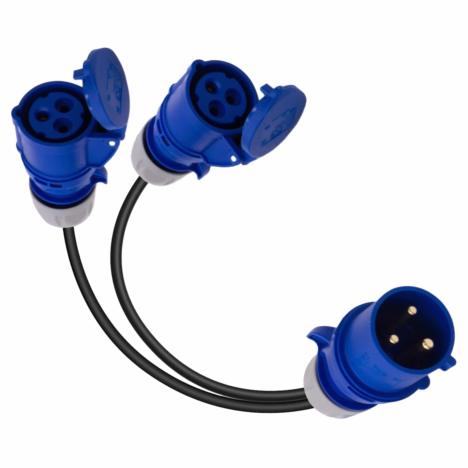 Adapter CEE, wtyczka 32 A do 2 gniazd 16 A, IP44, 2-drożny kabel konwerterowy, rozdzielacz rozdzielacz, generator do przyczep kempingowych, adapter 230 V, IP44