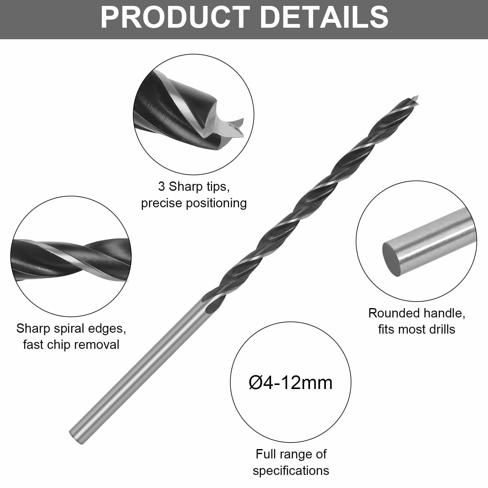 Zestaw wierteł do drewna, 7-częściowy zestaw wierteł wężowych 4, 5, 6, 7, 8, 10, 12 mm x 300 mm, wiertła belkowe, długie wiertła do szalunku, długie wiertła do drewna, do drewna twardego, sklejki