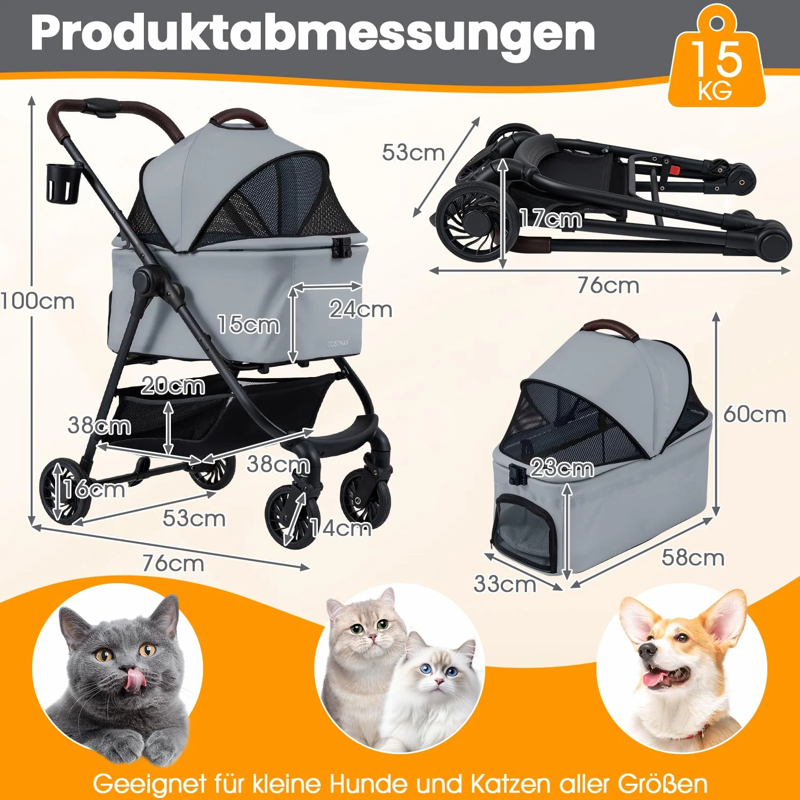 COSTWAY Wózek dla psów 3 w 1, składany, do 15 kg, z regulowanym dachem siatkowym