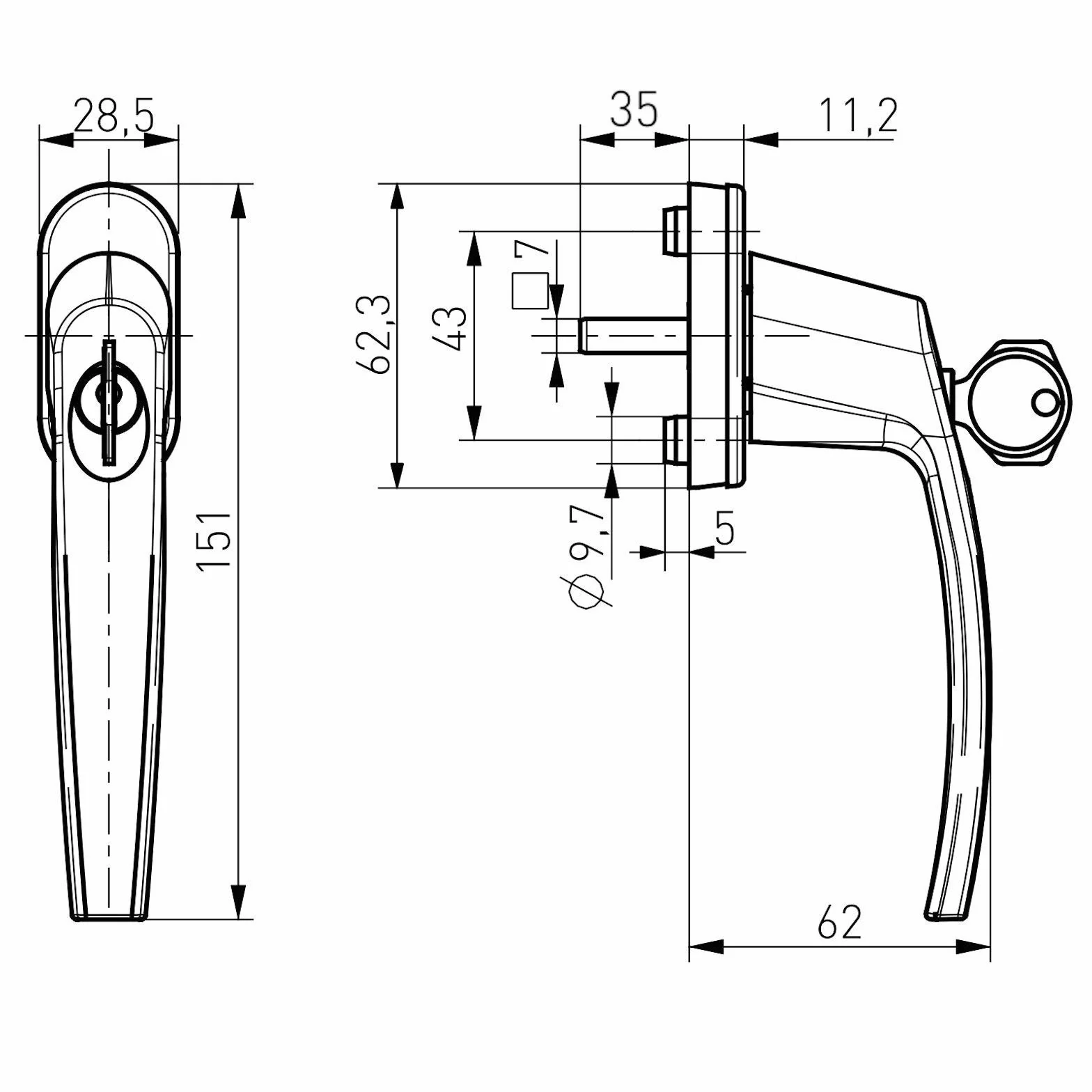Zamykany uchwyt okienny (z kluczem) z kratką 45° 28 x 151 x 62 mm, biały aluminiowy z 2 kluczami SO-TECH