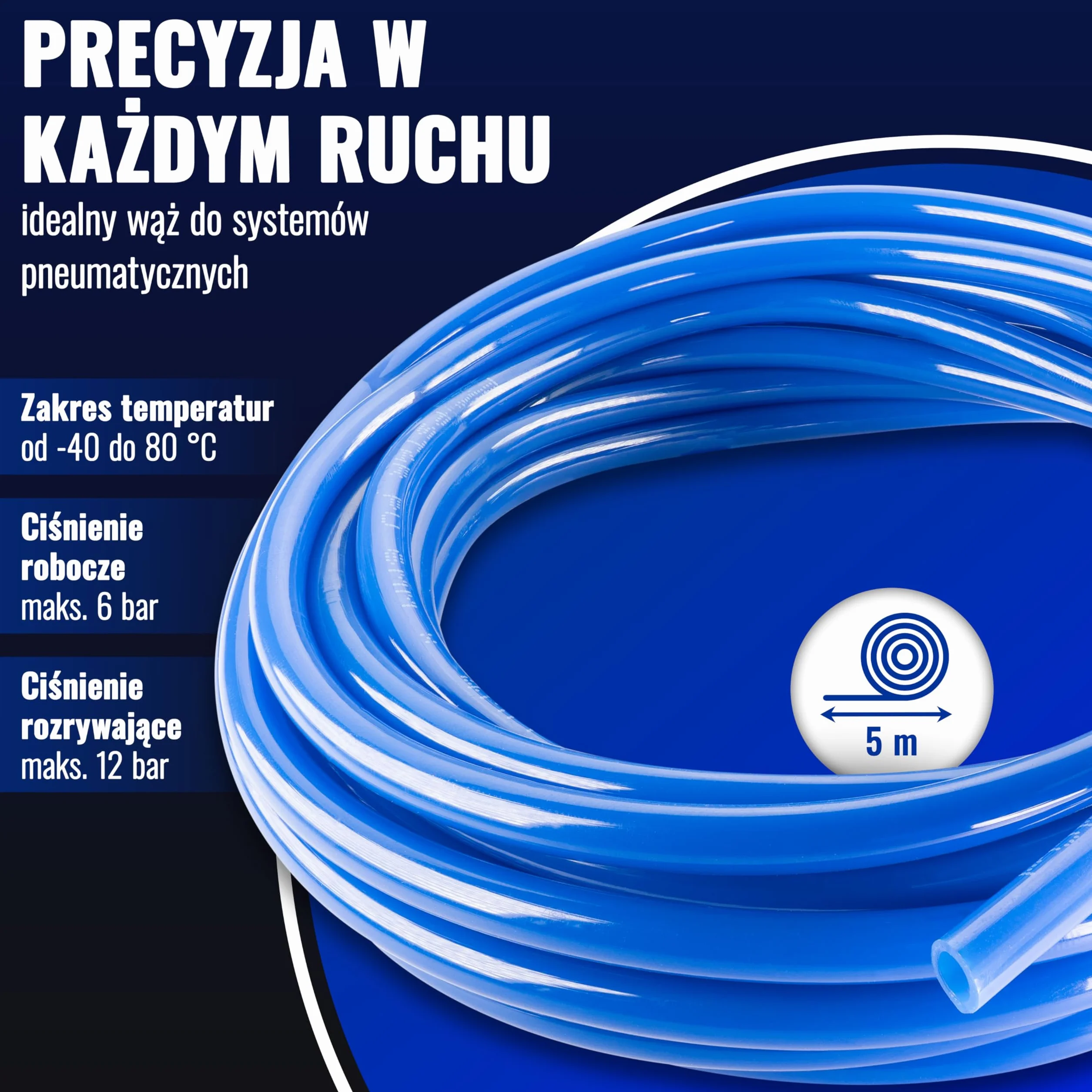 Poppstar Wąż pneumatyczny do sprężonego powietrza PU 4mm/ 6mm, 5m, 6 bar, niebieski