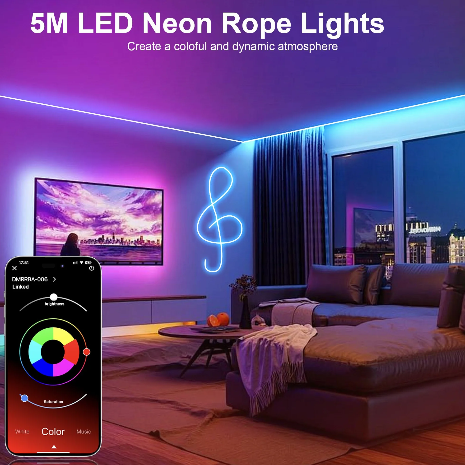 Taśma LED Neon 5M, taśma LED DIY z aplikacją/pilotem, synchronizacja muzyki, światło LED Neon do pokoju gier, wodoodporne, do wewnątrz i na zewnątrz, dekoracja pokoju