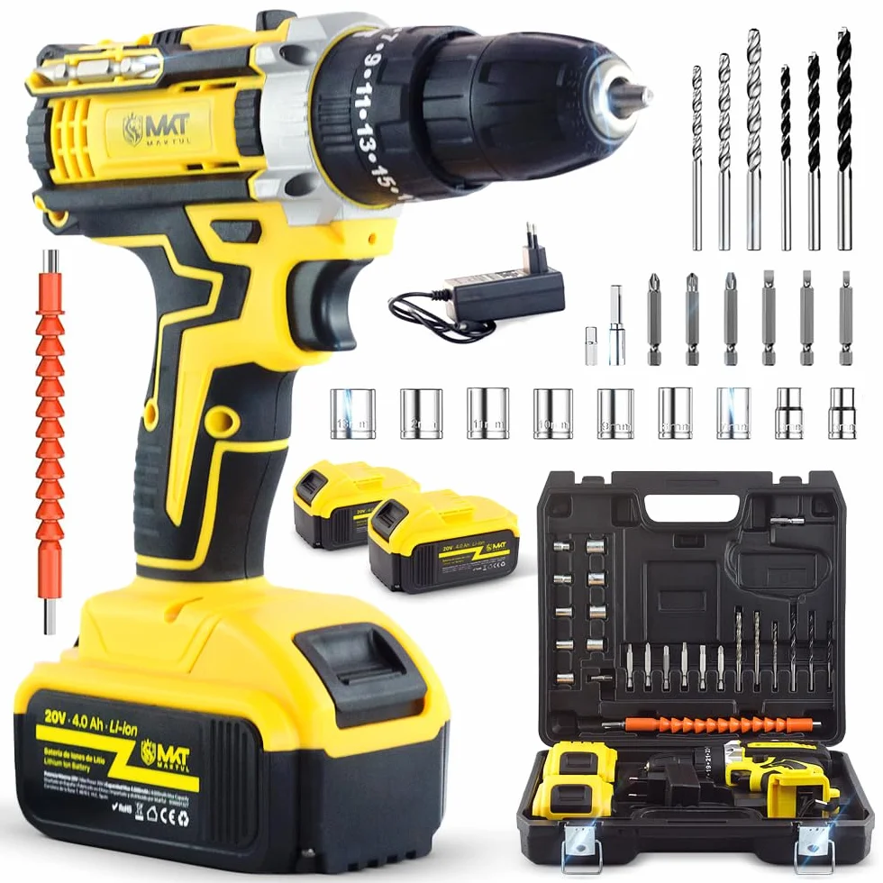 MAKTUL akumulatorowa wiertarko-wkrętarka udarowa mocna 2x4000mAh 20V wielofunkcyjna z akcesoriami w 100% kompatybilna wiertarka, dioda LED, poziomica, regulacja momentu obrotowego, 2 biegi