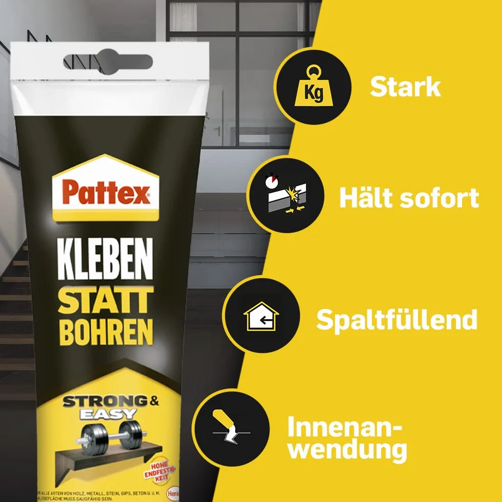 Pattex Klej Montażowy - Klejenie Zamiast Wiercenia, 50 g Mocnego Kleju o Natychmiastowej Przyczepności, Uniwersalny Budowlany o Wysokiej Wytrzymałości Końcowej