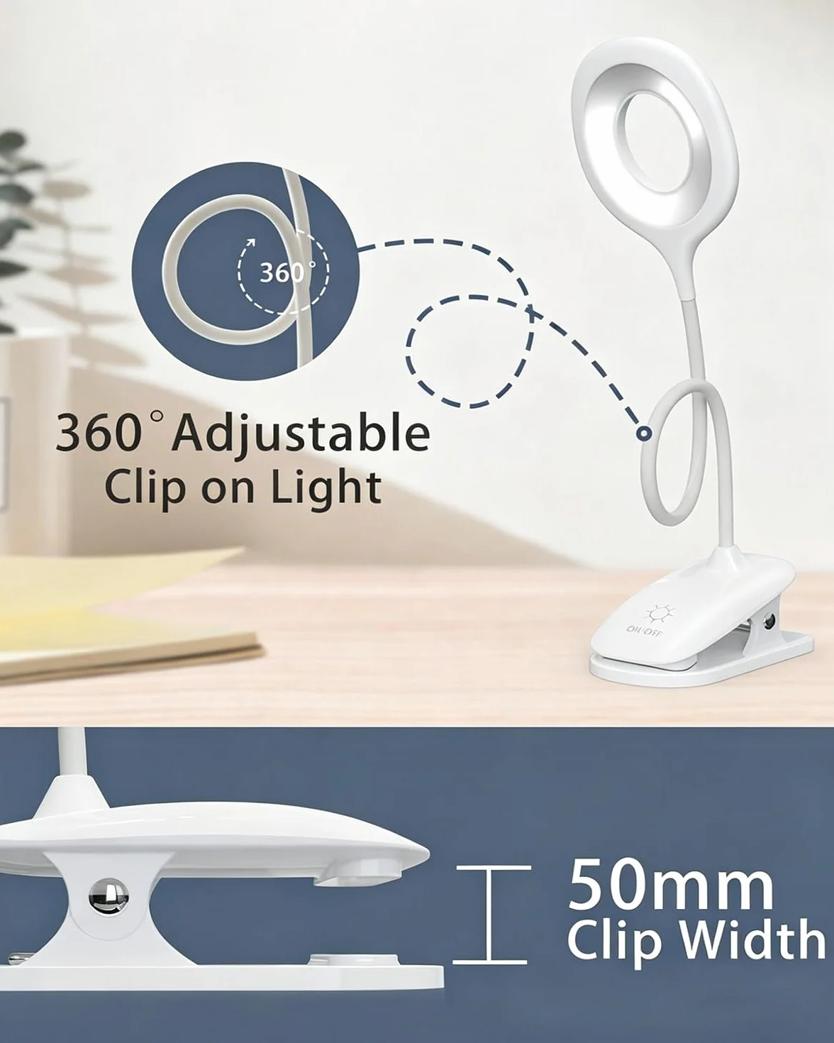 Lampka Zaciskowa do Łóżka dla Dzieci, LED Lampka do Czytania z Klipsem USB, 3 Kolory Światła, Dotykowe Ściemnianie, Lampka Nocna z Elastycznym Ramieniem do Pokoju Dziecka, Łóżka Piętrowego,biała