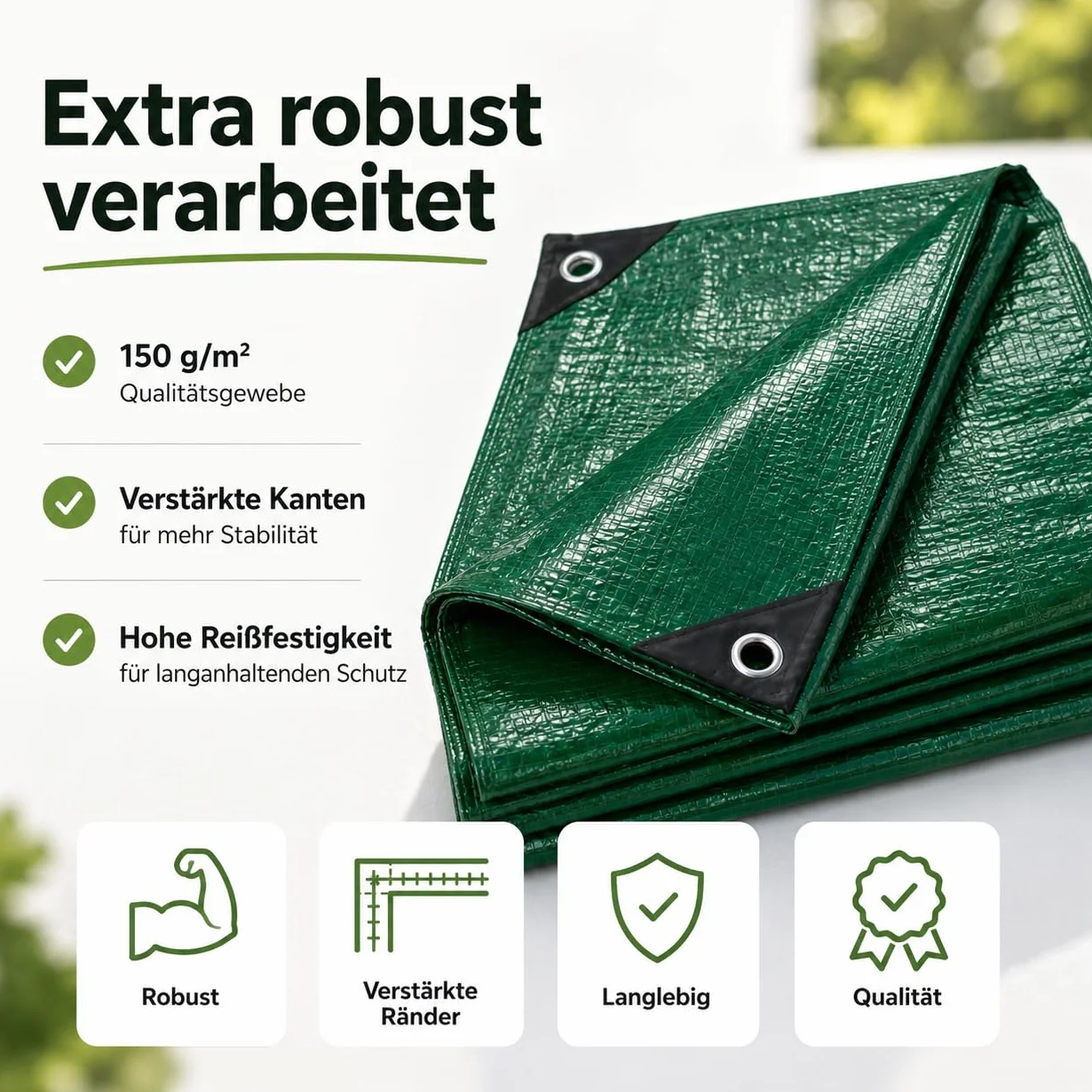 Plandeka ochronna i ogrodowa 3 x 3 m, 150 g/m², zielona – uniwersalna plandeka do kempingu i ogrodu