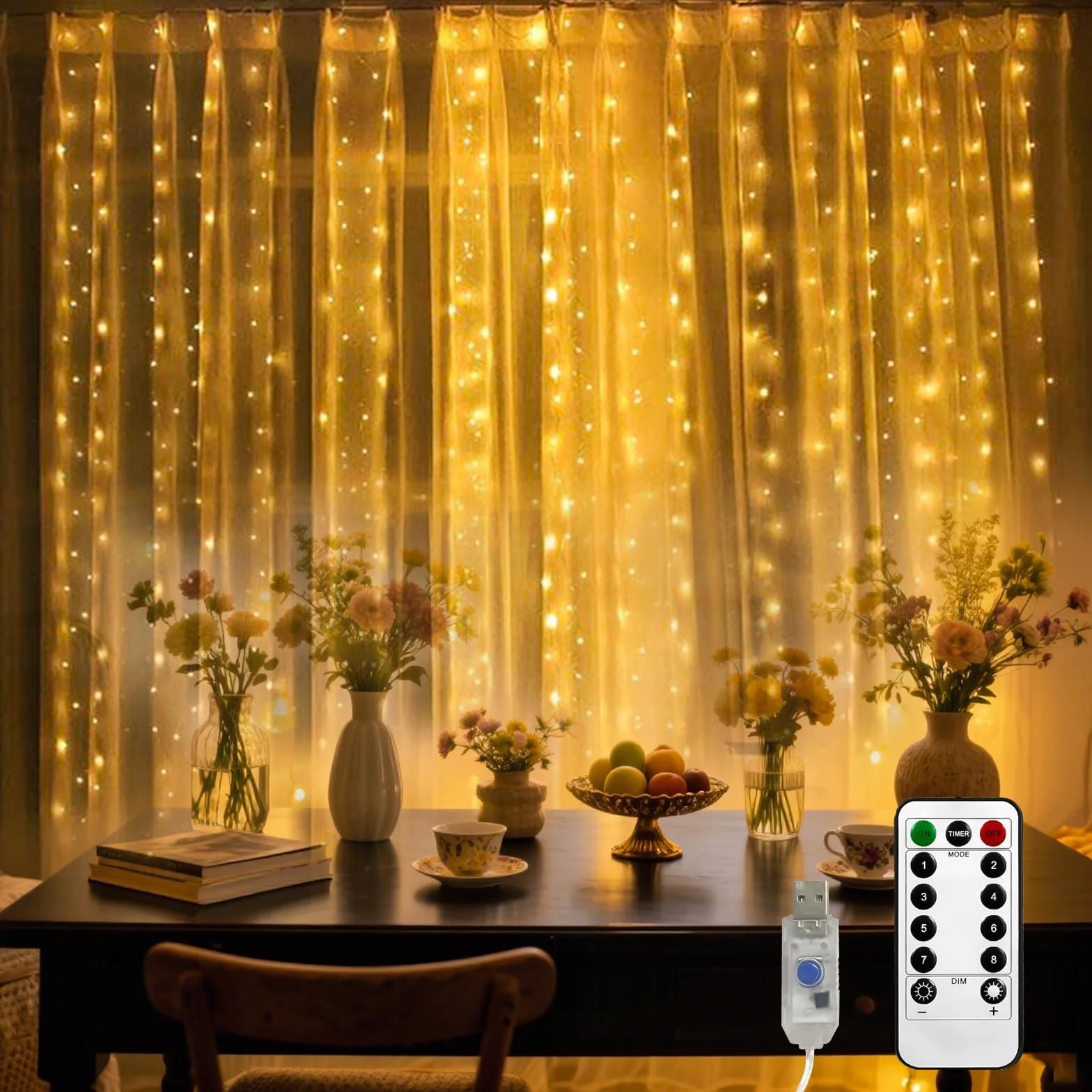 LQWELL Światła kurtynowe LED z pilotem, 3 x 3 m 300 diod LED, kurtyna z lampkami choinkowymi i timerem, ściemnialne, ciepła biel, 8 trybów, światła okienne do pokoju, wesela, imprezy