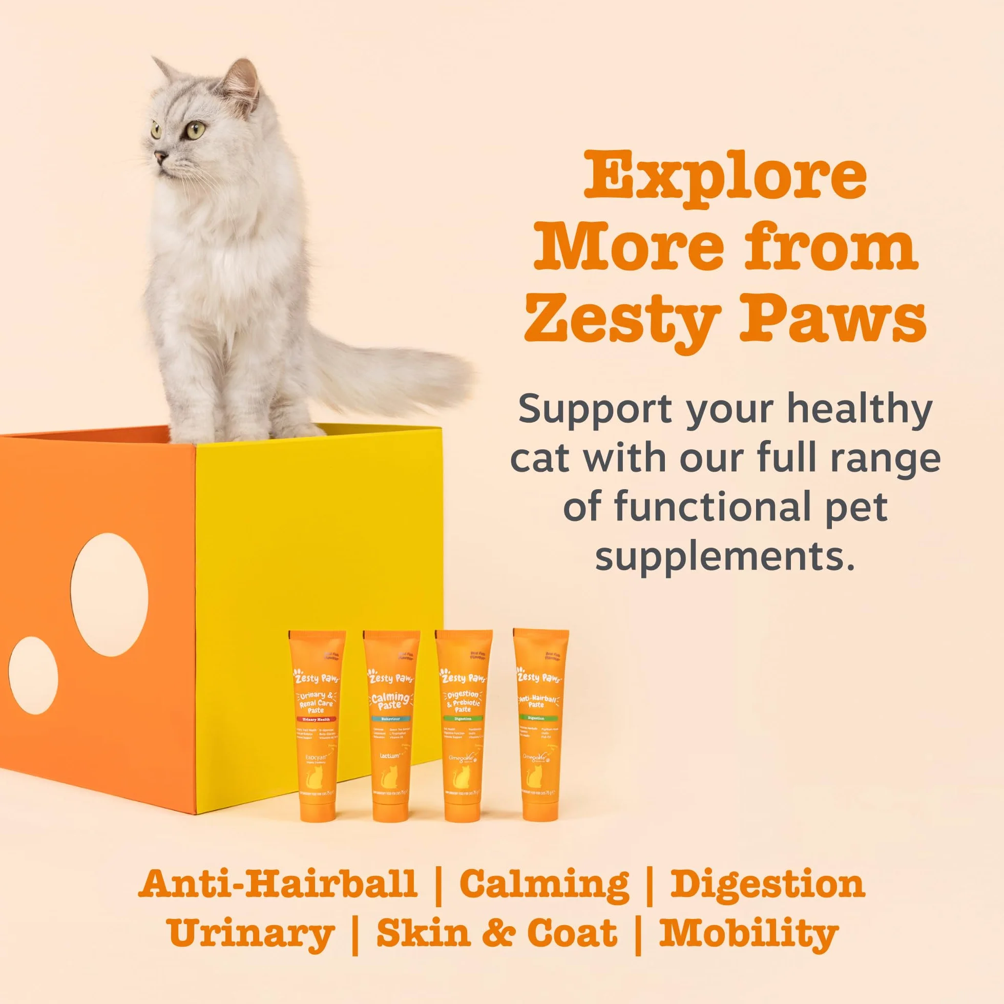 Zesty Paws Digestion & Prebiotics Paste for Cats | Helps Gut Health, Digestive Function & Immune Support | Contains Algal Oil, Postbiotics, Inulin, Vitamins C & E | Real Fish Flavour | 75g