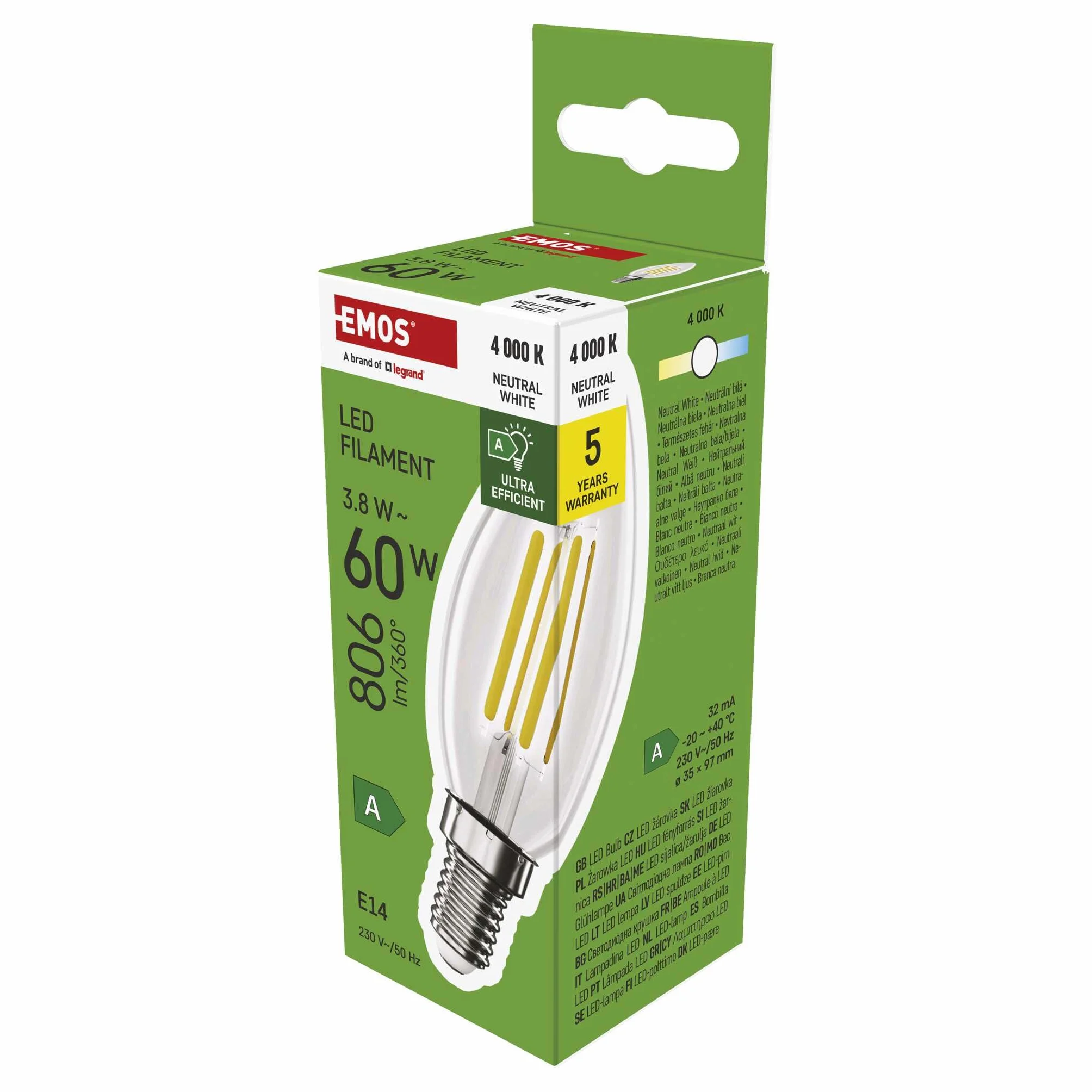 EMOS Żarówka LED Edison Candle E14 3,8W 60W 806lm 4000K CRI80 360°