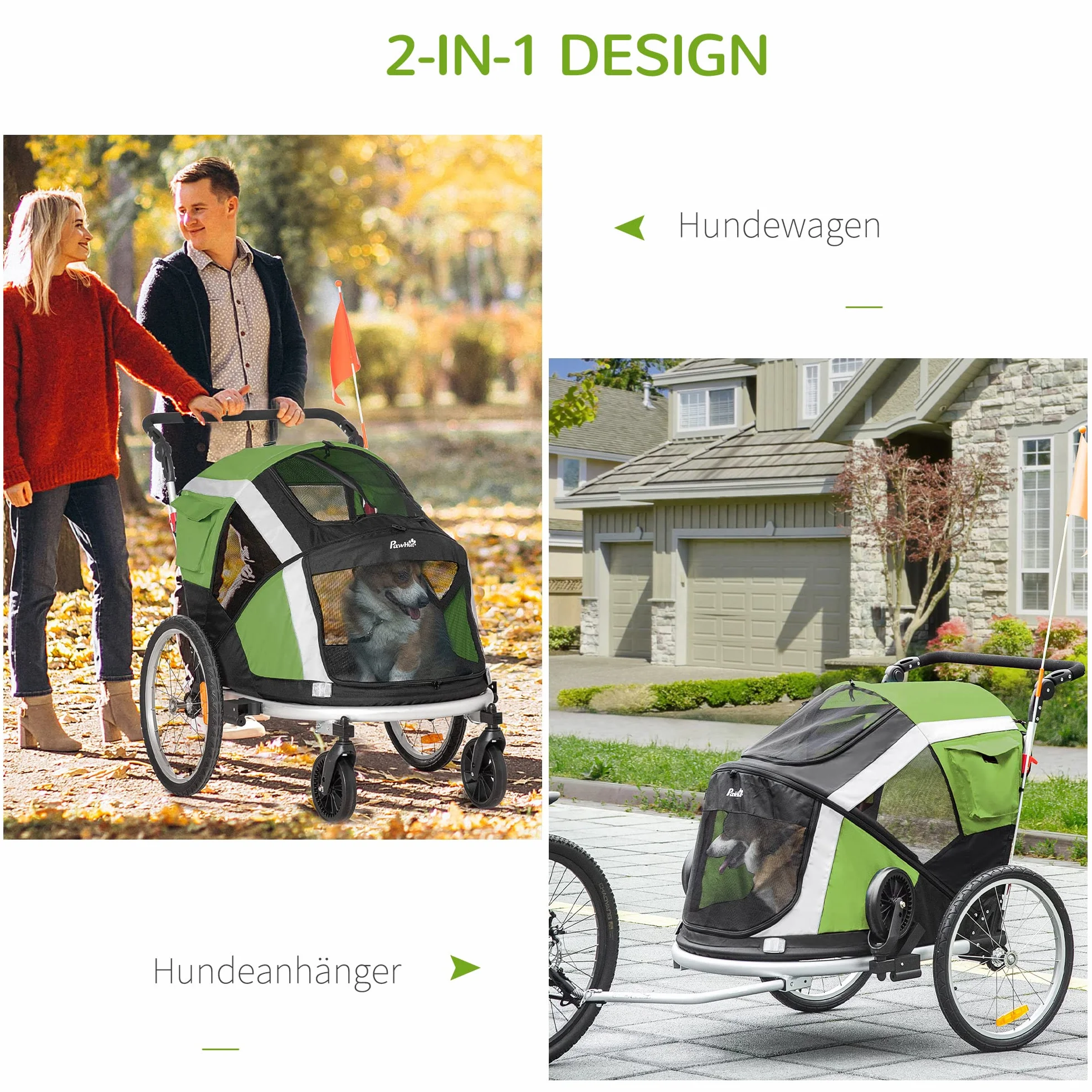 PawHut 2-in-1 Hundeanhänger klappbar Haustier Fahrradanhänger Hundetransporter Hunde Fahrrad Anhänger atmungsaktiv Aluminium Oxford Gewebe 150 x 82 x 108 cm