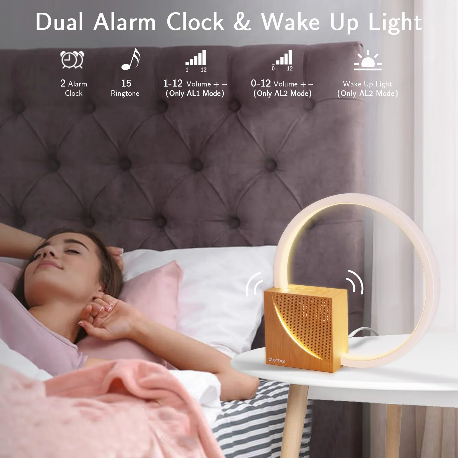 blonbar 10W lampka nocna z funkcją ładowania USB, budzik Wake Up Light, sterowanie dotykowe, ściemnialna lampka stołowa, pomoc w zasypianiu dla niemowląt i dorosłych, 3 poziomy jasności, lampka nocna