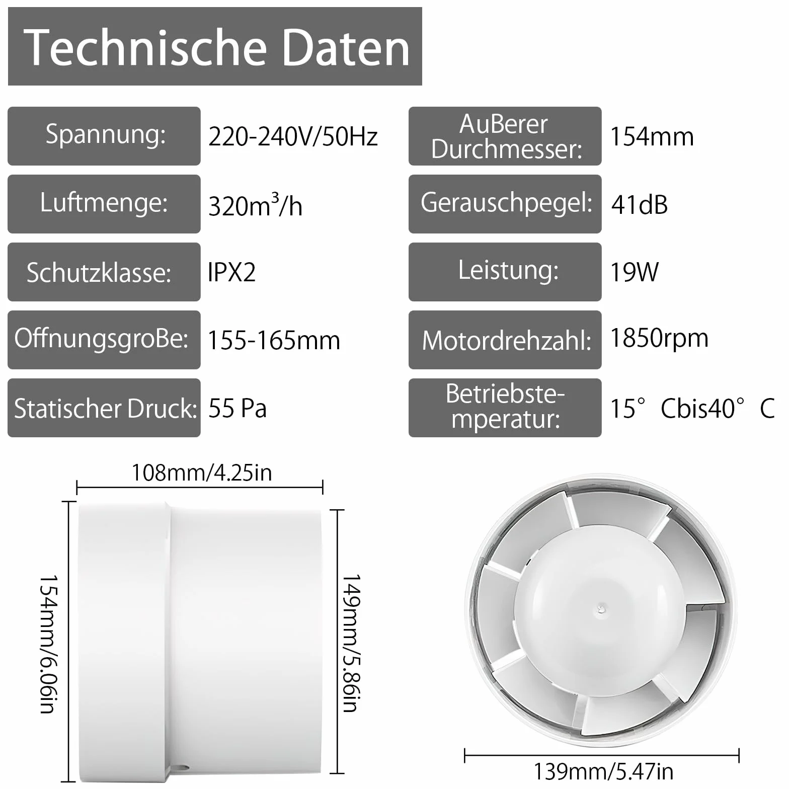 TNSLAND Kanałowy wentylator rurowy, 150mm, 305 m³/h, wysoka jakość, cichy, wyciąg dymu, do łazienki, WC, kuchni, szklarni, namiotu, garażu