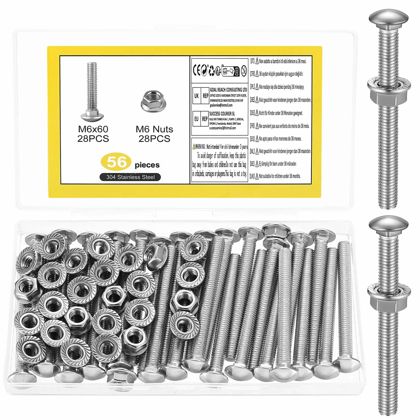 56 sztuk śrub zamkowych M6 x 60 mm, stal nierdzewna, śruby blokujące ze stali nierdzewnej, śruby do bramki, zestaw śrub z łbem płaskim z nakrętkami kołnierzowymi