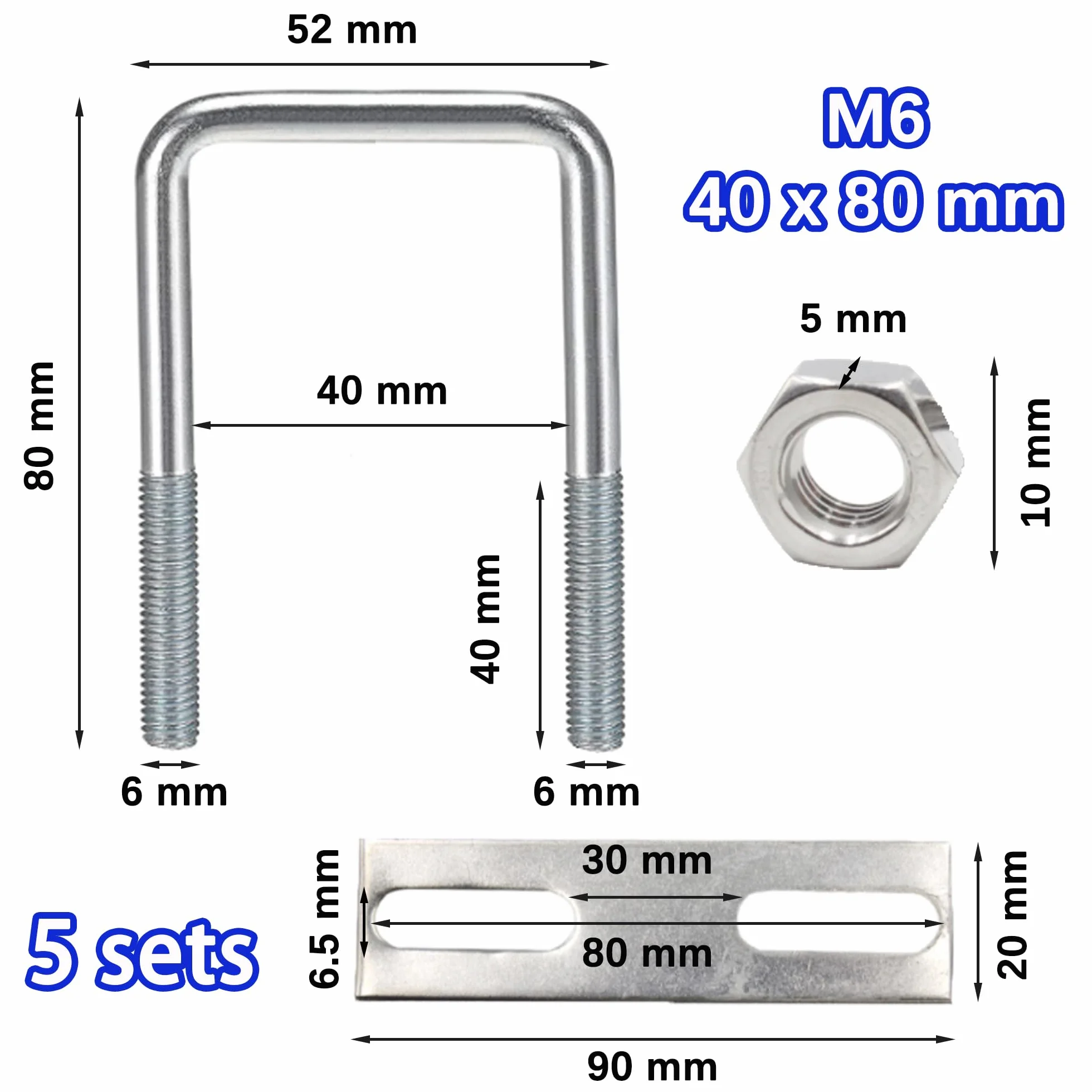 duoyif Śruby w kształcie litery U M6, 40 x 80 mm, 5 szt., kwadratowe, śruba pałąkowa M6 U, śruby w kształcie litery U, ze stali nierdzewnej, z nakrętką, płytą ramową, bolce pałąkowe w kształcie litery