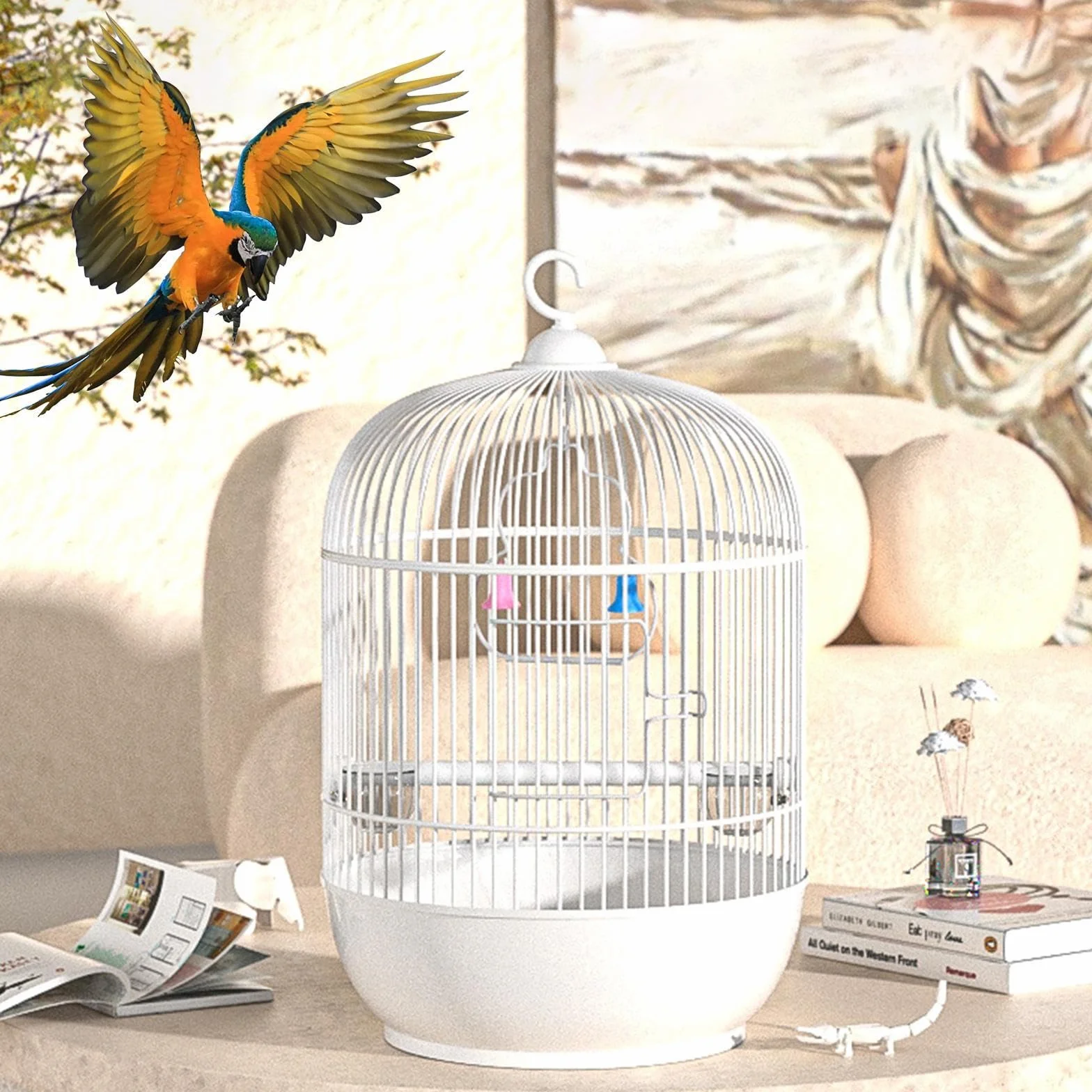 Bird Cage, Parakeet Carrier, Travel Cage, Sturdy Iron Frame, Built-In Handle and Perch, Ideal for Travel or Home Use, 9.05x9.05x14.57 Inches, White Color, 1 Piece