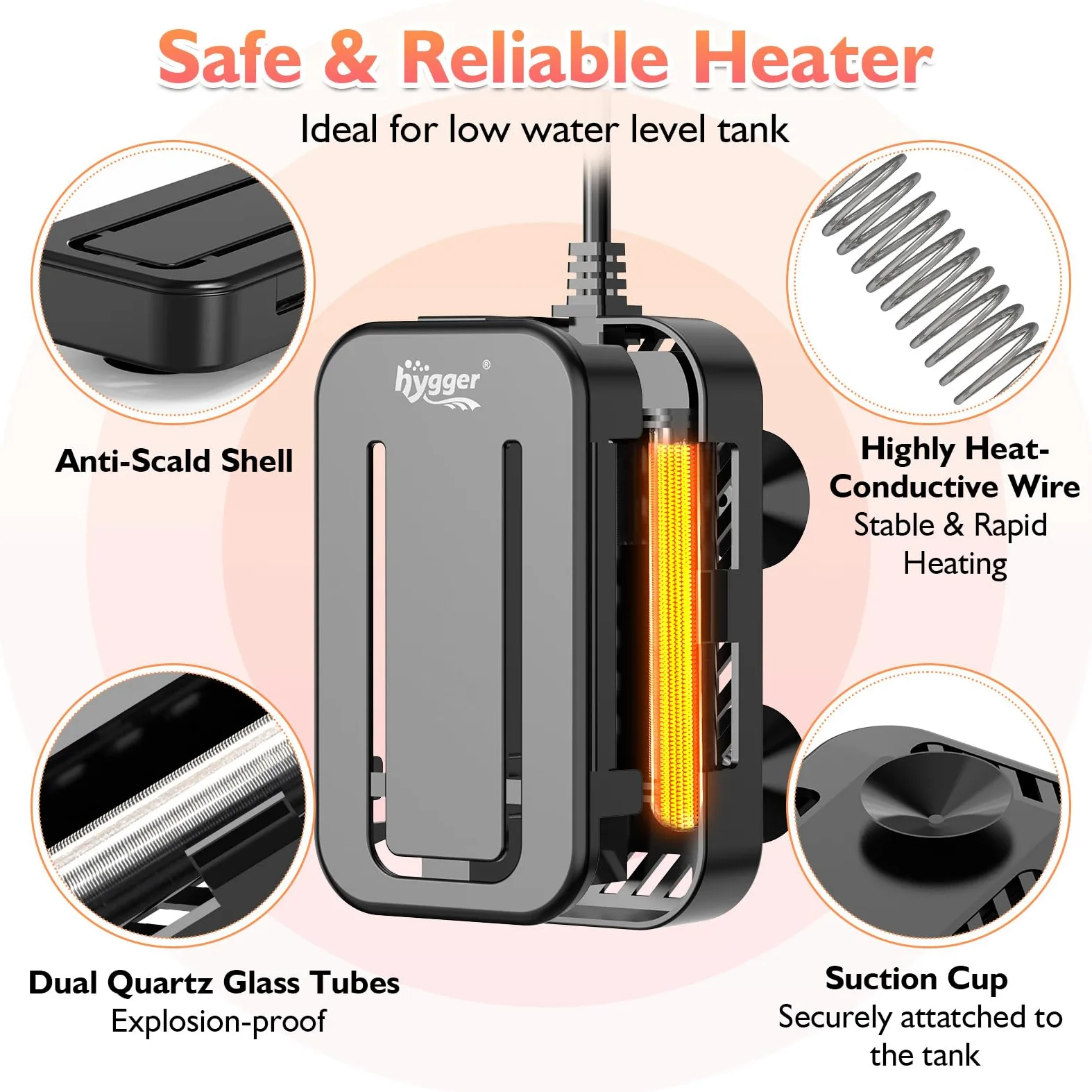 hygger Grzejnik do akwarium, Grzałka do akwarium dla zbiorników żółwi, 15-34 ℃, Grzejnik do tropikalnego zbiornika na ryby, Multi-Protect, Funkcja pamięci z kontrolerem i zdejmowaną powłoką, 150W, 56