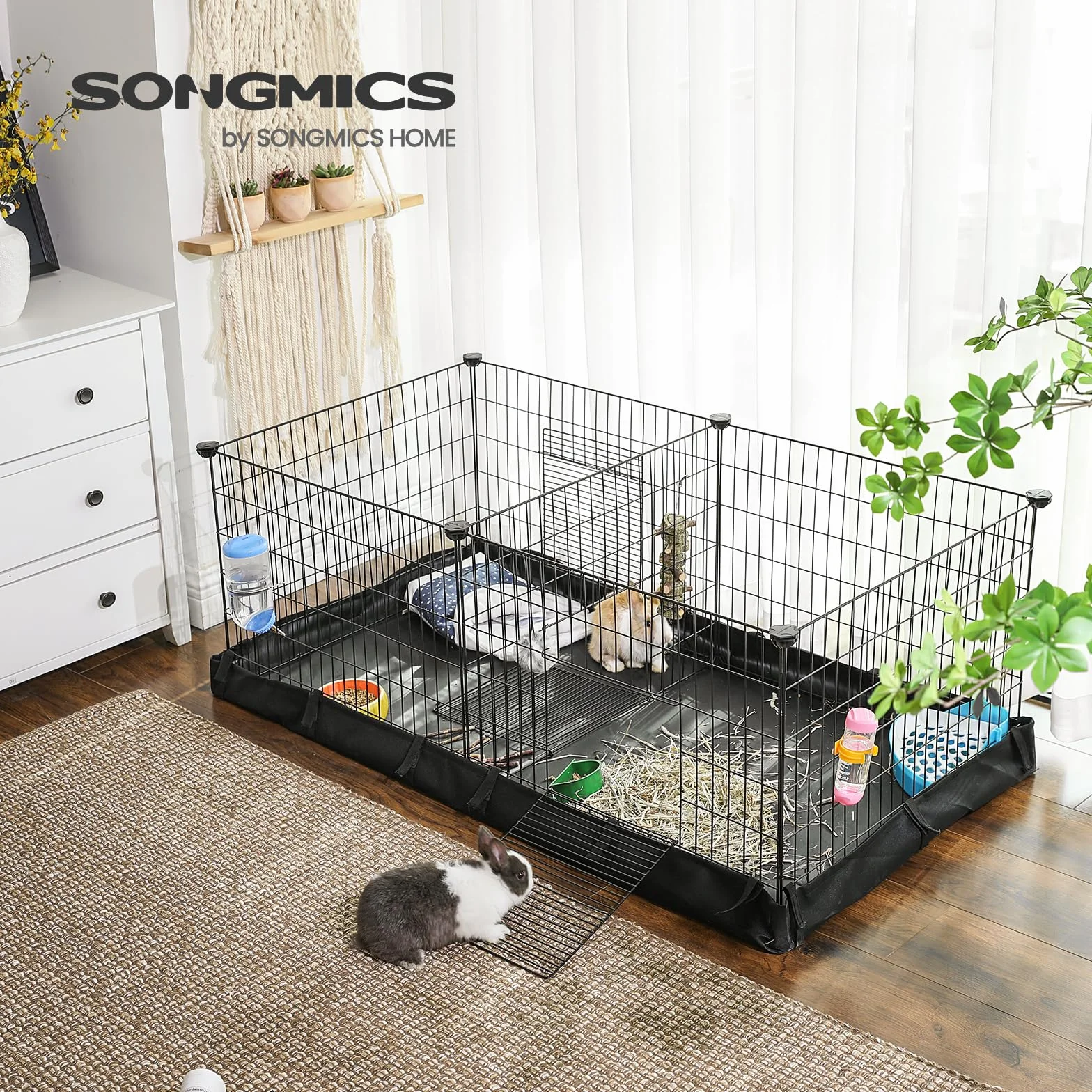 SONGMICS wybieg dla świnek morskich, wybrukowany obszar ze ścianką działową, 2 oddzielne obszary, z dnem z tkaniny, 3 drzwi, 123 x 63 x 46 cm, czarny LPI07H