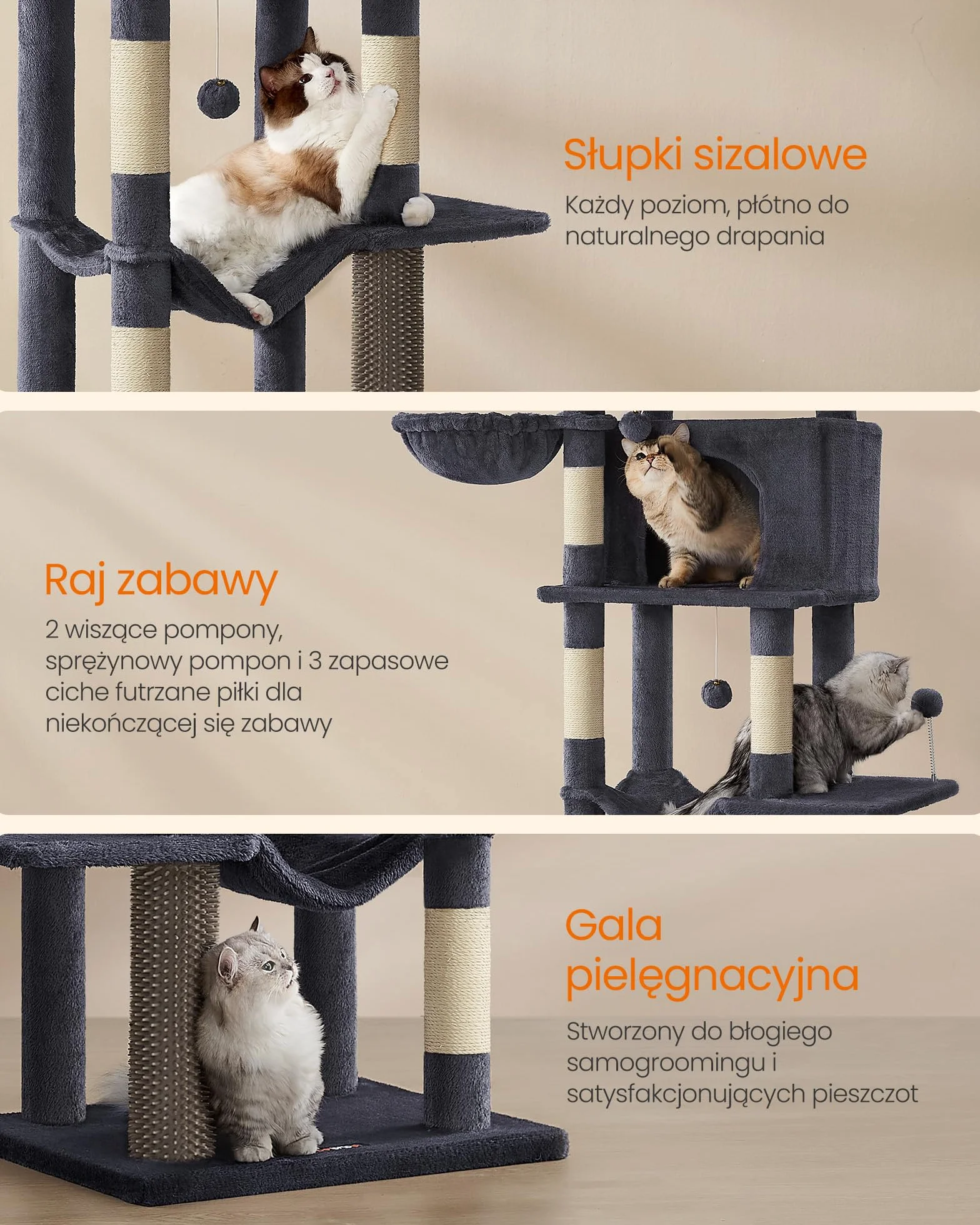 Feandrea duży drapak, wysokość 175 cm, XL, wielopoziomowy drapak dla kota z 2 jaskiniami, 2 leżakami, 5 drapakami, szczotka dla kota, duża platforma, ciemnoszary PCT182G02