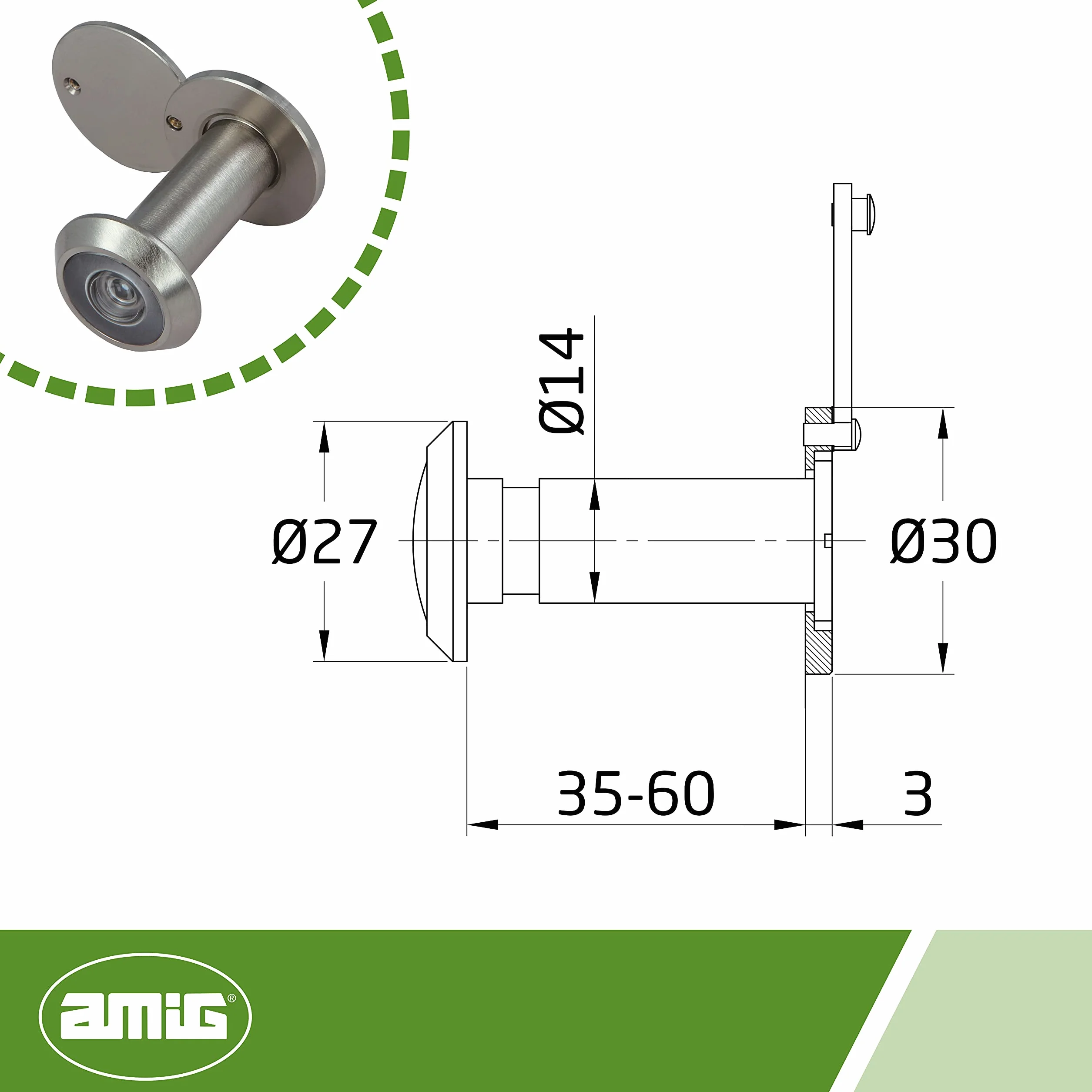 Amig - Lusterko do drzwi - Super kątowe soczewki - Łatwa instalacja - Grubość drzwi: 35-60 mm - Średnica: 14 mm - Wykończenie: matowy chrom