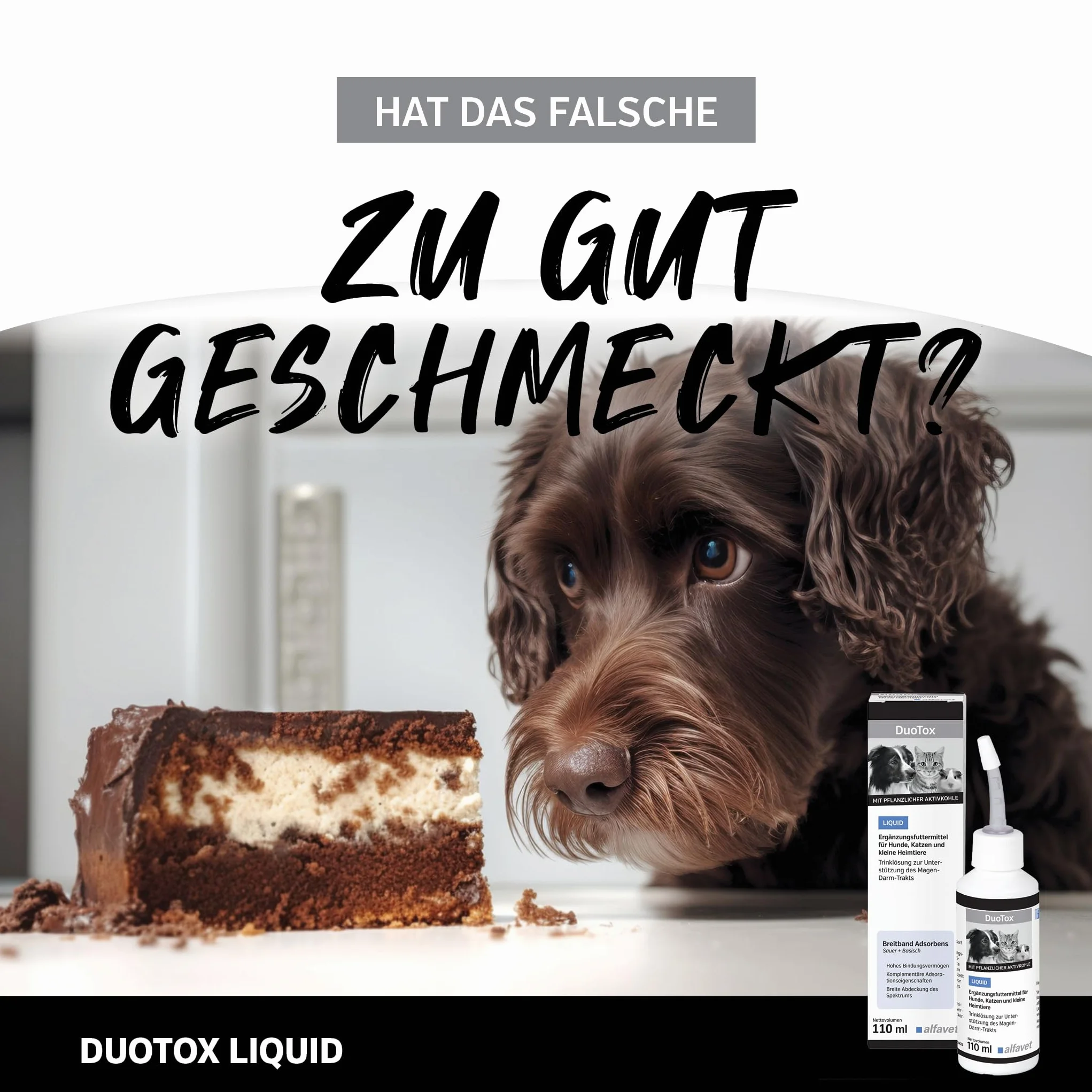 Alfavet DuoTox Liquid - ostra, suplement diety z węglem roślinnym i bentonitem, do wspomagania przewodu pokarmowego psów, kotów, małych zwierząt domowych, z nakładką aplikacyjną 110 ml