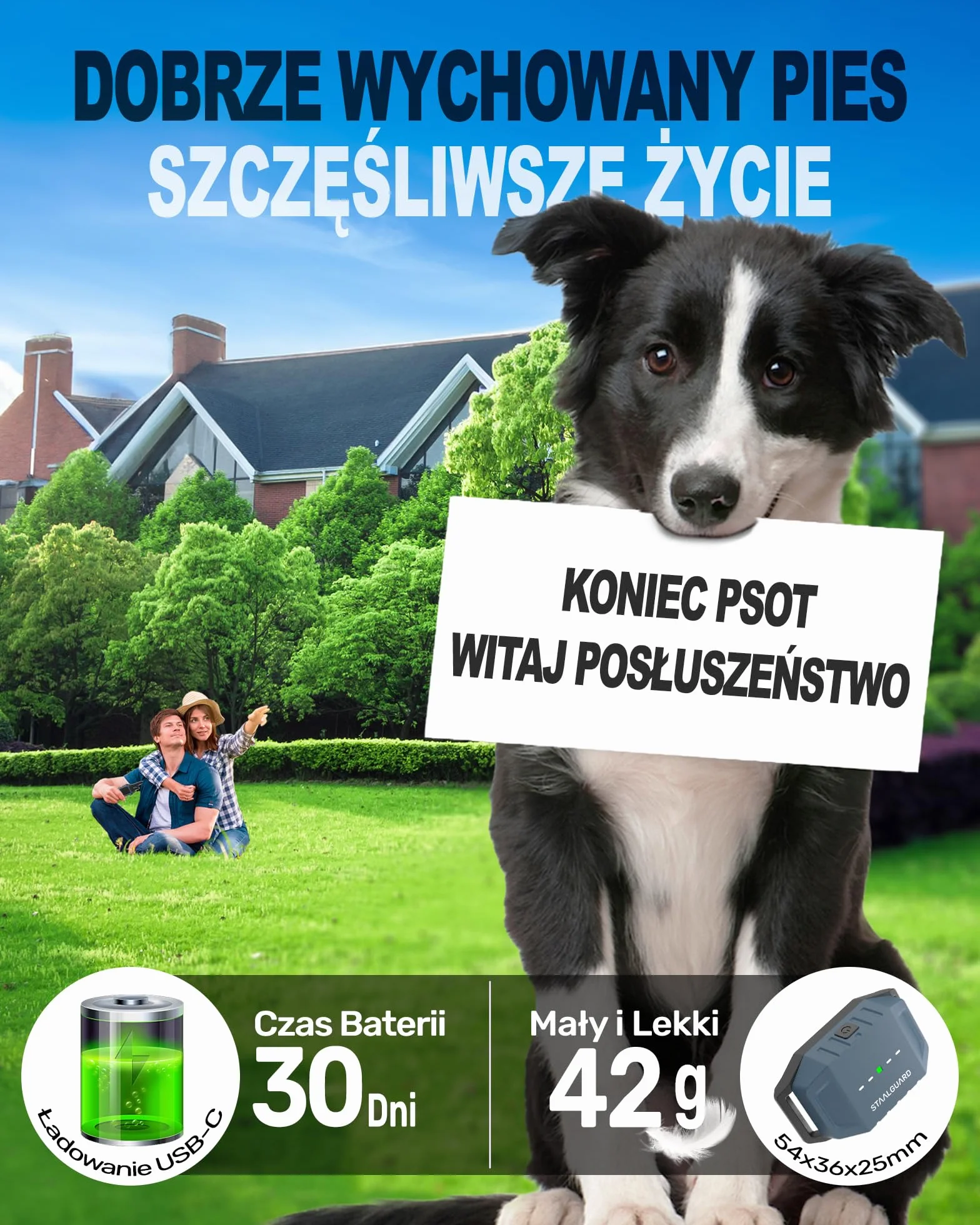 Obroża Treningowa dla Psów, Bez Wstrząsów, Tryby: Dźwięk, Wibracja, Boost, Zasięg 3 km, Kompaktowa, Ładowalna, Bateria na 30 Dni, Wodoodporna IP67, Dla Psów Wszystkich Rozmiarów