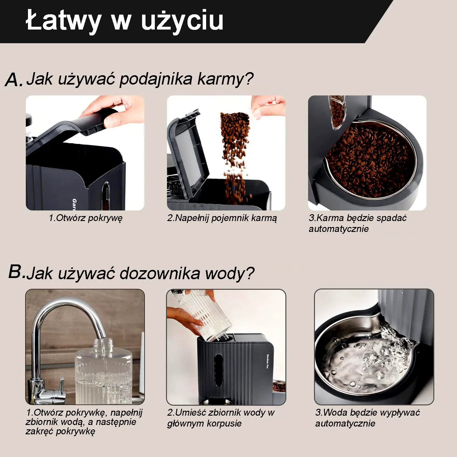 Gardner Pet Automatyczny karmnik dla kotów i dozownik wody 2 w 1, 3L, miska ze stali nierdzewnej, grawitacyjny dozownik wody, wolny od BPA