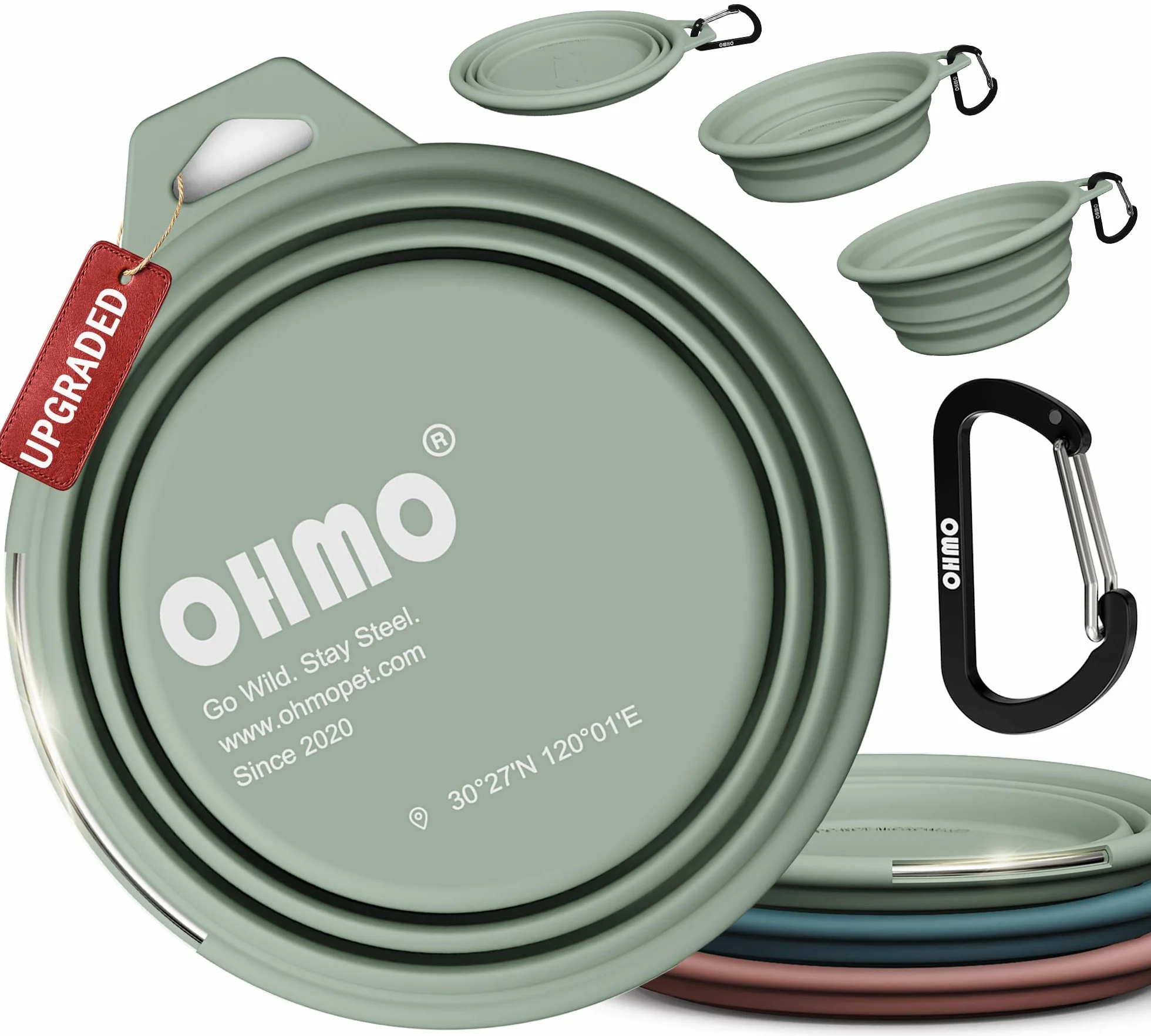 OHMO Składana miska dla psa z pierścieniem ze stali nierdzewnej, duża, 800 ml, silikonowa miska premium dla psów i kotów, wytrzymała miska podróżna, na kemping, wędrówki