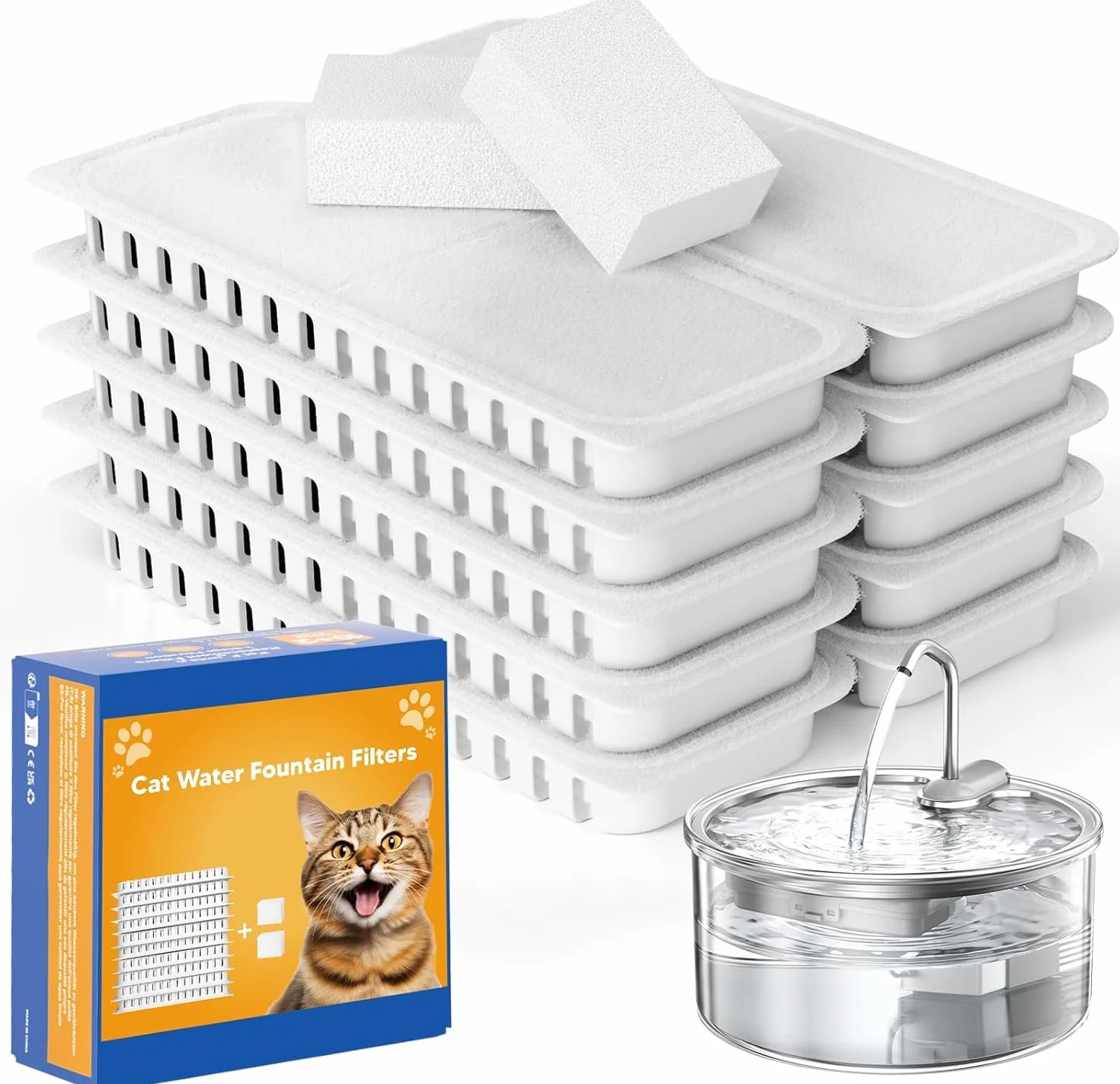Tomxcute Fontanna dla kotów, zestaw filtrów, 10 filtrów + 2 gąbki do fontanny dla kotów 3,2 l
