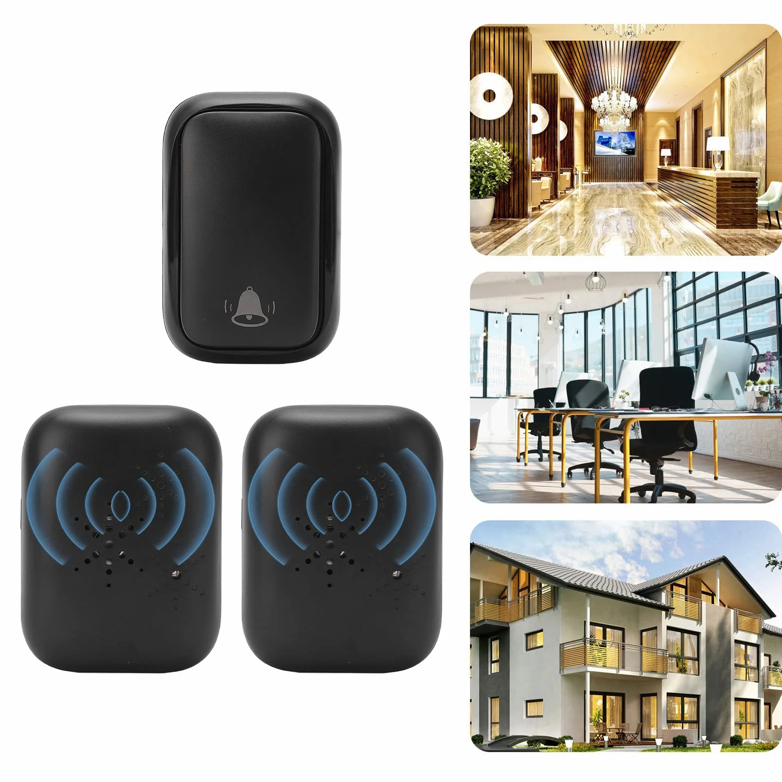 Bezprzewodowy Dzwonek do Drzwi, Wodoodporny Dzwonek do Drzwi, ABS Czarny z Własnym Zasilaniem 150 M Zasięg 433 MHz z 2 Odbiornikami do Domowego Hotelu Fabryka AC (Wtyczka UE)