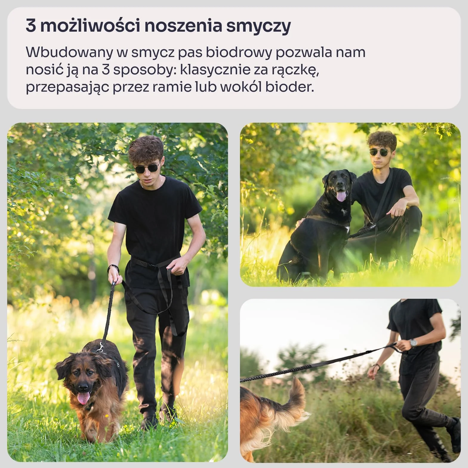 Chaba Smycz dla Średniego i Dużego Psa z Amortyzatorem i Pasem Biodrowym | Regulowana 2.8-3.8m | Szerokość 2.5cm | Redukująca Efekty Szarpnięć | Do Biegania | 3 Możliwości Noszenia | CZARNA