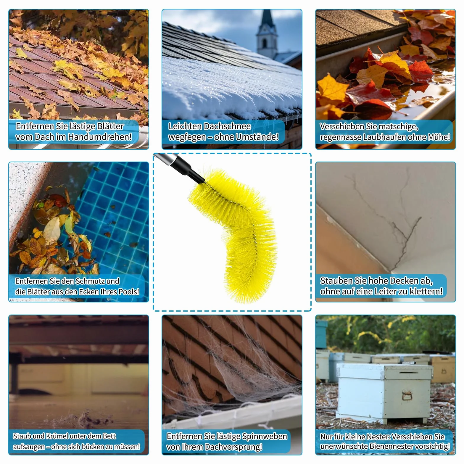 Hysagtek Środek do czyszczenia rynien dachowych – 4 m środek do czyszczenia rynny deszczowej z trzonkiem teleskopowym, szczotka do rynien dachowych z obrotową głowicą o 180°, do rynien dachowych i