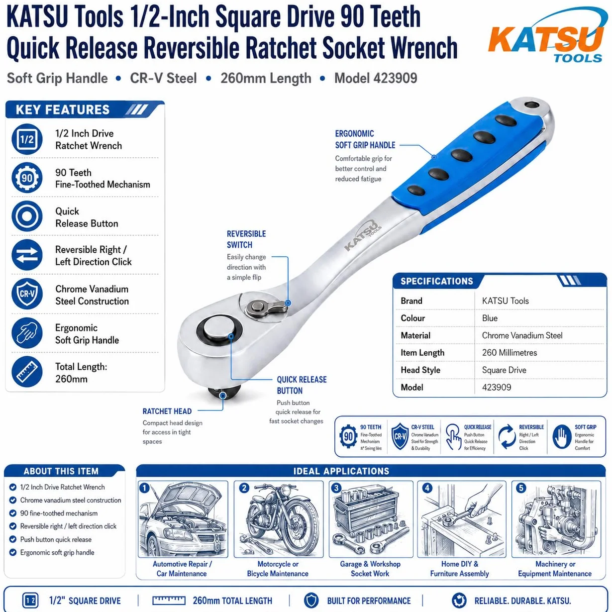 KATSU Tools 1/2-calowy kwadratowy napęd 90 zębów szybkie zwalnianie odwracalny klucz nasadowy z grzechotką, miękki uchwyt, stal CR-V, długość 260 mm 423909