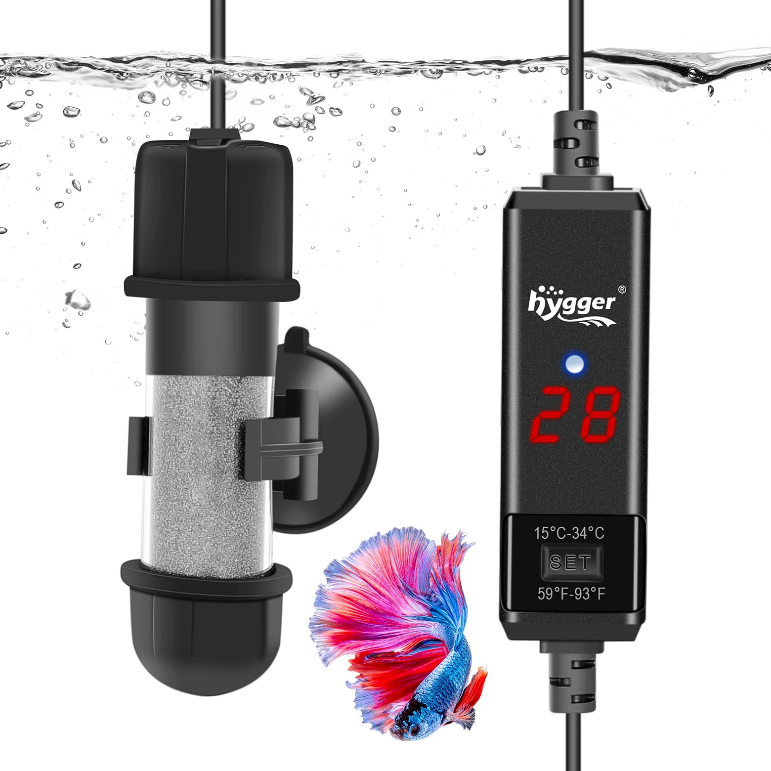 hygger Grzejnik do akwarium 10 W regulowany 15-34°C cyfrowy z kontrolerem temperatury