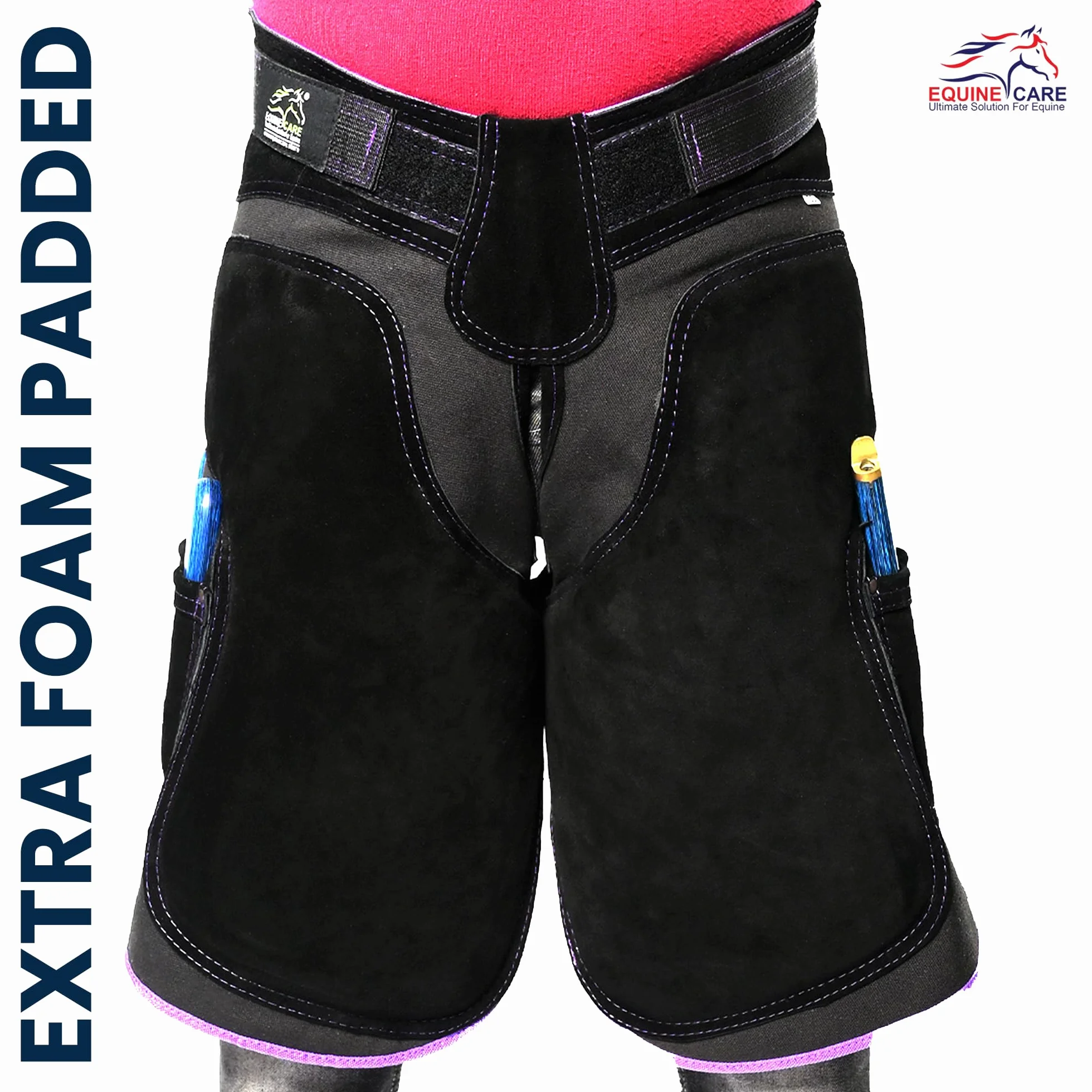 Equine Care Fartuch damski Farrier 23″ - skóra i płótno, regulowana talia 28-52″, wyściełane kolana EVA, podparcie lędźwiowe, 4 kieszenie na noże i magnesy na paznokcie do przycinania kopyt (czarny z