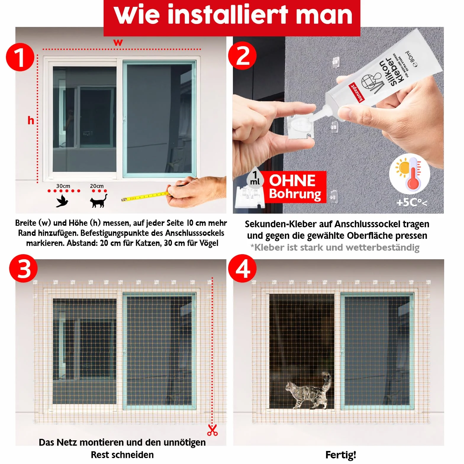 20 sztuk haczyków samoprzylepnych z klejem montażowym 30 ml, bardzo mocne, do siatki dla kotów na balkon – bez wiercenia, przezroczyste, odporne na warunki atmosferyczne, łatwy i szybki montaż