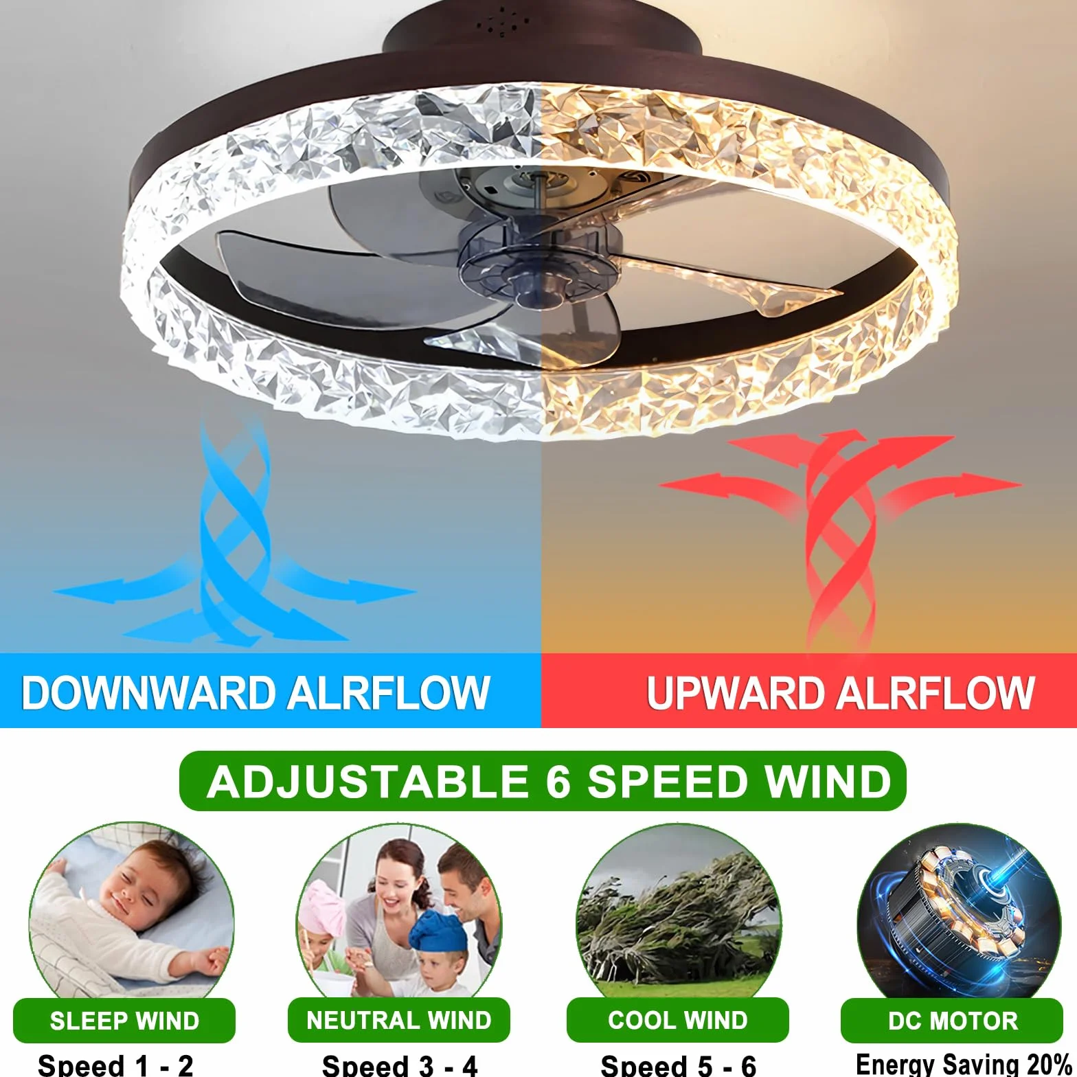 Cichy Wentylatory sufitowe z oświetleniem Pilot, Nowoczesne światła Lampa sufitowa z wentylatorem LED Lampa sufitowa z wentylatorem do Sypialni Salon, 6 prędkości (Czarny, 50CM)