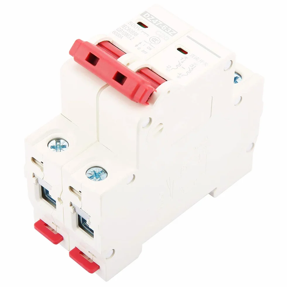 Wyłącznik, Wyłącznik Miniaturowy 2P DC MCB, Wyłącznik 500V DC DZ47-63Z-2P, Wyłącznik Nadprądowy 16A 20A 63A Opcjonalnie, 20A