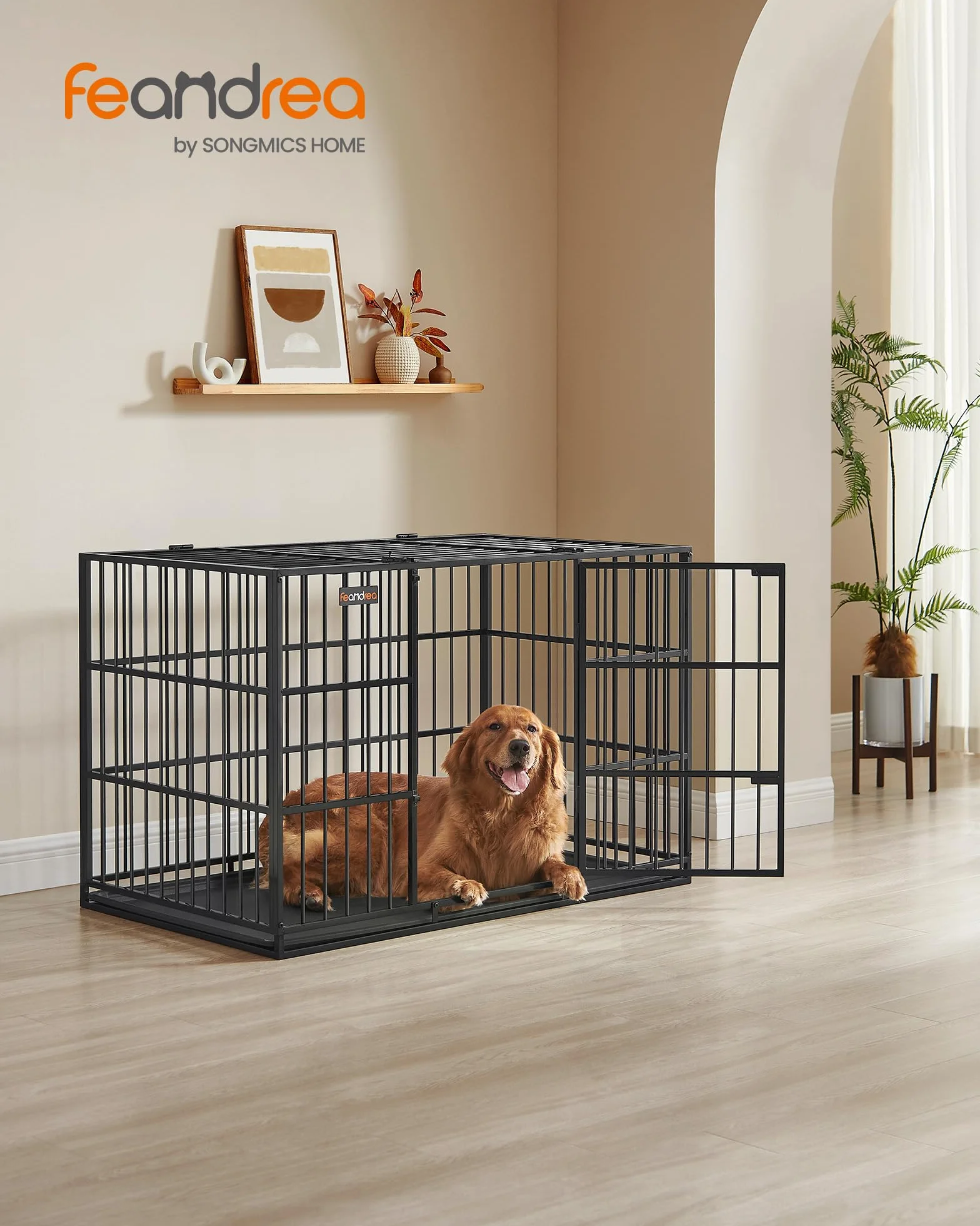 Feandrea Klatka dla psa Heavy-Duty, 122 x 75 x 80 cm, dla dużych psów, z wyjmowaną podłogą, podwójnymi drzwiami, łatwa do czyszczenia, kolor czarny atramentowy PPD006B01