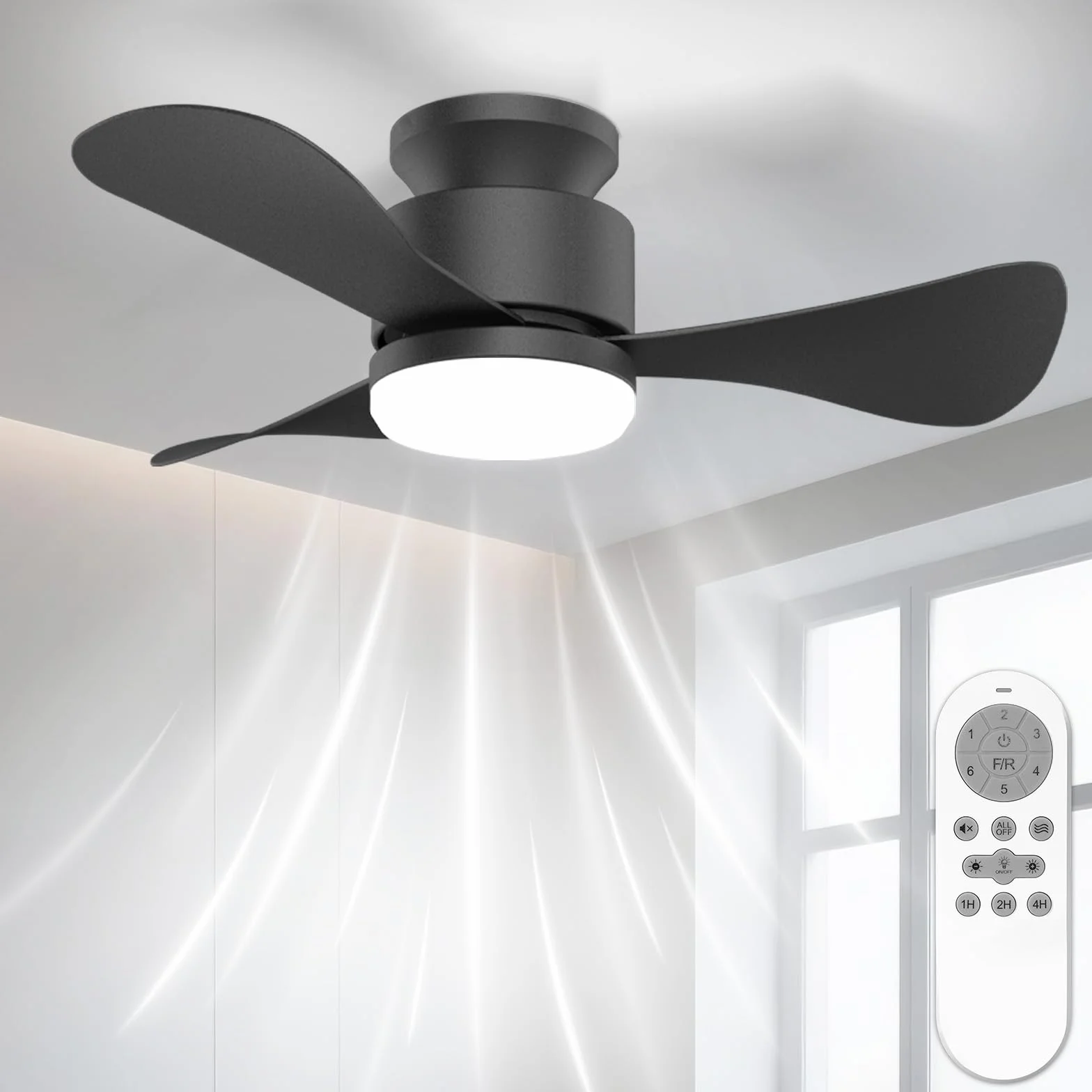 Airwit Wentylator sufitowy 71 cm z cichym światłem, mały wentylator sufitowy z pilotem zdalnego sterowania i odwracalnym silnikiem DC, wentylator sufitowy z lampą LED do sypialni, salonu, kuchni