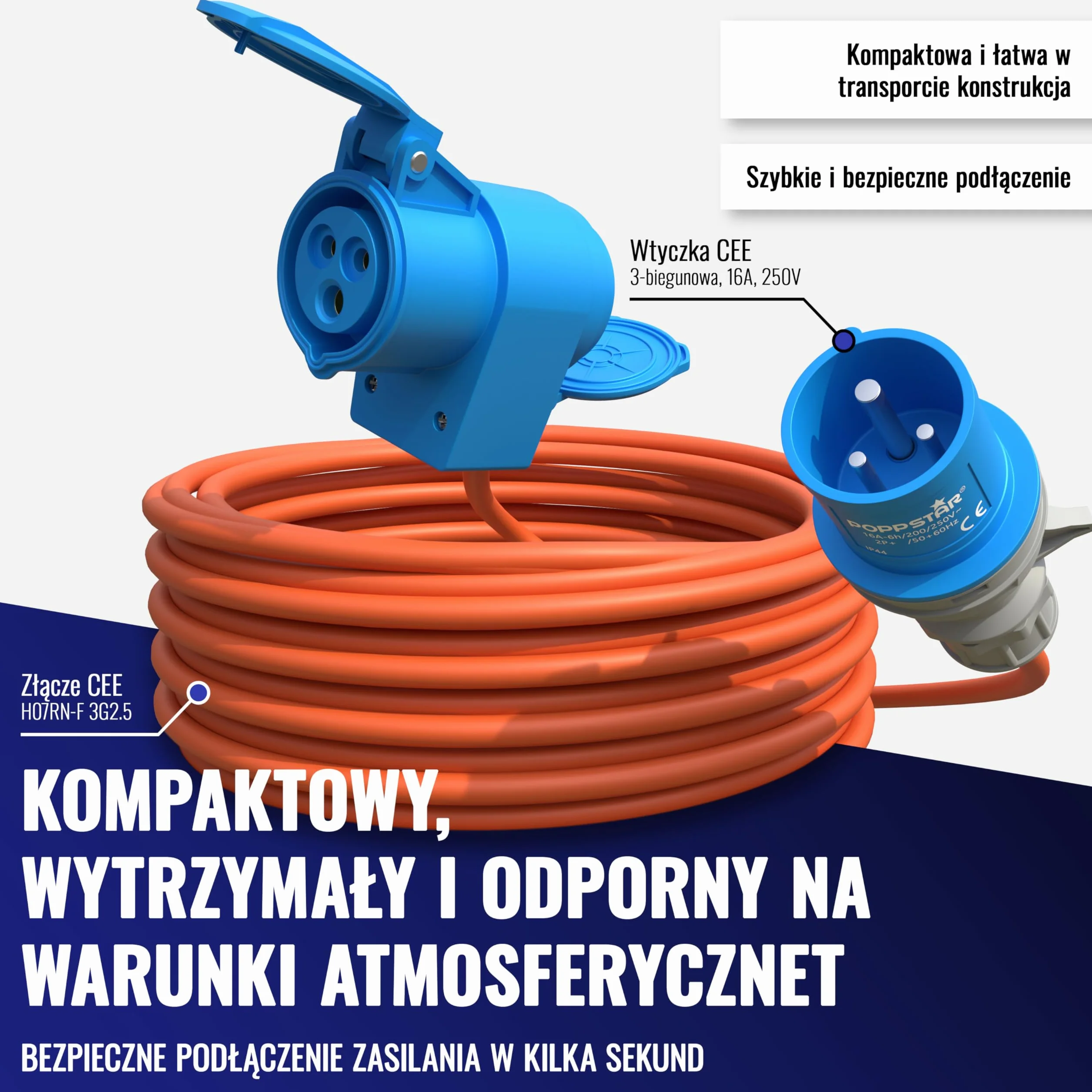 Poppstar kabel CEE 15m z wtyczką Schuko (wtyk CEE 3-biegunowy na gniazdo CEE + gniazdo typu F), 230V/16A, IP44, H07RN-F 3G2.5