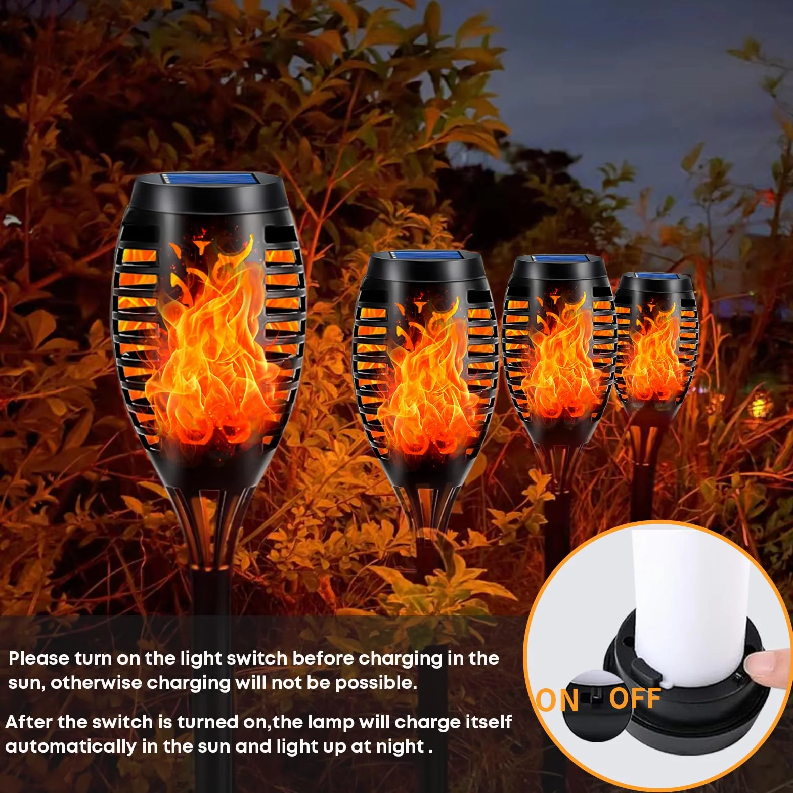 LQWELL Latarki solarne do ogrodu zewnętrznego, 6 sztuki, 12 diod LED, realistyczna lampa ścieżkowa z płomieniem, wodoodporność IP65, do trawnika, patio, dziedzińca (6 sztuki)